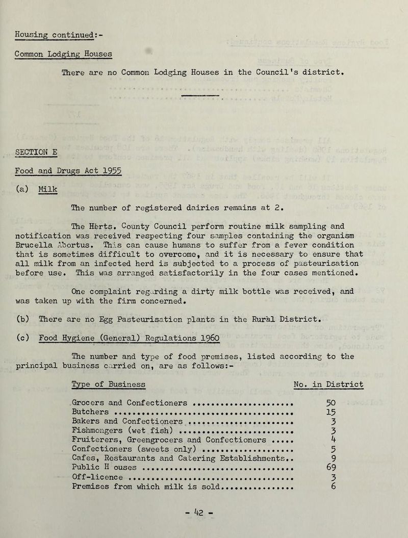 Housing continued Common Lodging Houses There are no Common Lodging Houses in the Council’s district. SECTION E Food and Drugs Act 1933 (a) Milk The number of registered dairies remains at 2. The Hferts. County Council perform routine milk sampling and notification was received respecting four samples containing the organism Brucella Abortus. This can cause humans to suffer from a fever condition that is sometimes difficult to overcome, and it is necessary to ensure that all milk from an infected herd is subjected to a process of pasteurisation before use. This was arranged satisfactorily in the four cases mentioned. One complaint regarding a dirty milk bottle was received, and was taken up with the firm concerned. (b) There are no Egg Pasteurisation plants in the Rural District. (c) Food Hygiene (General) Regulations I960 The number and type of food premises, listed according to the principal business carried on, are as follows Type of Business No. in District Grocers and Confectioners 50 Butchers 15 Bakers and Confectioners 3 Fishmongers (wet fish) 3 Fruiterers, Greengrocers and Confectioners ..... 4 Confectioners (sweets only) 5 Cafes, Restaurants and Catering Establishments.. 9 Public H ouses 69 Off-licence 3 Premises from which milk is sold.... 6