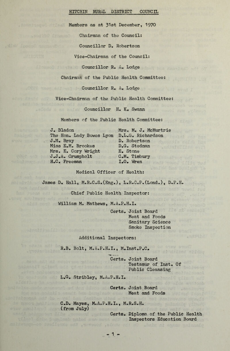 HITCHIN RURi'iL DISTRICT COUNCIL Members as at 3^1 st December, 1970 Chairman of the Council: Councillor D, Robertson Vice-Chairman of the Covincil: Councillor R, A. Lodge Chairman of the Public Health Committee: Councillor R* A, Lodge Vice-Chairman of the Public Health Committee: Councillor H. K, Swann Members of the Public Health Committee: J. Bladon The Hon. Lady Bowes Lyon J.M, Bray Miss E.M. Brookes Mrs. E. Cory Wright J.J.A. Crumpholt H.C. Freeman Mrs. M. J. McMiirtrie D.L.G. Richardson D. Robertson D. G. Stedman E, Stone C.M. Timbury I.O. Wren Medical Officer of Health: James D. Hall, M.R.C.S.(Eng.), L.R.G.P.(Lond.), D.P.H. Chief Public Health Inspector: William M. Mathews, M.A.P.H.I. Certs. Joint Board Meat and Foods Sanitary Science Smoke Inspection Additional Inspectors: R.B. Bolt, M.A.P.H.I., M.Inst.P.C. Certs. Joint Board Testamur of Inst. Of Public Cleansing L.G. Stribley, M.A.P.H.I. Certs. Joint.Board Meat and Foods C.D. Mayes, M.A.P.H.I., M.R.S.H. (from July) Certs. Diploma of the Public Health Inspectors Education Board