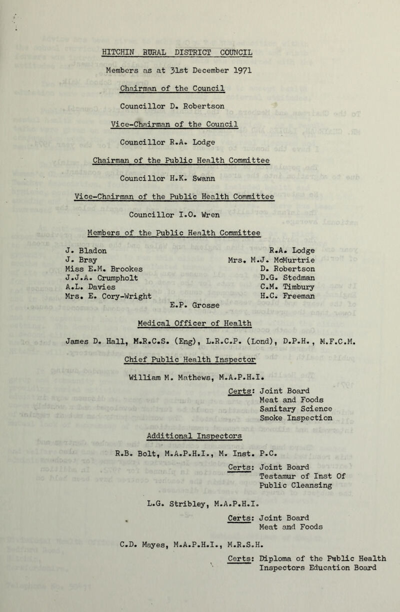 HITCHIN RURAL DISTRICT COUNCIL Members as at 31st December 1971 Chairman of the Council Councillor D. Robertson Vice-Chairman of the Council Councillor R.A. Lodge Chairman of the Public Health Committee Councillor H.K. Swann Vice-Chairman of the Public Health Committee Councillor 1.0. Wren Members of the Public Health Committee J. Bladon Jo Bray Miss E.M. Brookes J.J.Ao CrumphoIt A.L. Davies Mrs. E. Cory-Wright R.A. Lodge Mrs, M.J. McMurtrie D. Robertson D.G. Stedman C.M. Timbury H.C. Freeman E.P. Grosse Medical Officer of Health James Do Hall, M.R.C.S. (Eng), L0R0C0P. (Lond), D.PoH. , M.F.C.M. Chief Public Health Inspector William M. Mathews, M.AoP.HoI. Certs: Joint Board Meat and Foods Sanitary Science Smoke Inspection Additional Inspectors RoBo Bolt, MoAoPoH.I., M. Inst. P.C. Certs: Joint Board Testamur of Inst Of Public Cleansing L.G. Stribley, M.AeP.H.Io Certs: Joint Board Meat and Foods C.D. Mayes, M.A.P.H.I., M.R.SoH. Certs: Diploma of the Public Health Inspectors Education Board