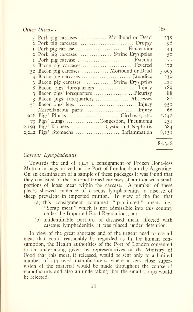 Other Diseases lbs. 5 Pork pig carcases . . Moribund or Dead 335 2 Pork pig carcases . . Dropsy 96 1 Pork pig carcase. 44 2 Pork pig carcases . . Swine Erysipelas 50 1 Pork pig carcase . . Pyamiia 77 5 Bacon pig carcases . . Fevered 872 30 Bacon pig carcases . . Moribund or Dead 5,095 3 Bacon pig carcases . . Jaundice 330 3 Bacon pig carcases . .Swine Erysipelas 421 8 Bacon pigs’ forequarters . Injury 189 3 Bacon pigs’ forequarters .. .Pleurisy 88 3 Bacon pigs’ forequarters . 51 Bacon pigs’ legs . . Abscesses 82 . Injury 95i Miscellaneous parts . . Injury 66 926 Pigs’ Plucks . 79 Pigs’ Lungs . . Cirrhosis, etc. 5,342 ..Congestion, Pneumonia 231 2,193 Pigs’ Kidneys . .... Cystic and Nephritis 68q 2,242 Pigs’ Stomachs . . Inflammation 8,131 84,348 Caseous Lymphadenitis Towards the end of 1947 a consignment of Frozen Bone-less Mutton in bags arrived in the Port of London from the Argentine. On an examination of a sample of these packages it was found that they consisted of the external boned carcases of mutton with small portions of loose meat within the carcase. A number of these pieces showed evidence of caseous lymphadenitis, a disease of sheep prevalent in imported mutton. In view of the fact that (a) this consignment contained “ prohibited ” meat, i.e., “ Scrap meat ” which is not admissible into this country under the Imported Food Regulations, and (b) unidentifiable portions of diseased meat affected with caseous lymphadenitis, it was placed under detention. In view of the great shortage and of the urgent need to use all meat that could reasonably be regarded as fit for human con¬ sumption, the Health authorities of the Port of London consented to an undertaking given by representatives of the Ministry of Food that this meat, if released, would be sent only to a limited number of approved manufacturers, where a very close super¬ vision of the material would be made throughout the course of manufacture, and also an undertaking that the small scraps would be rejected.