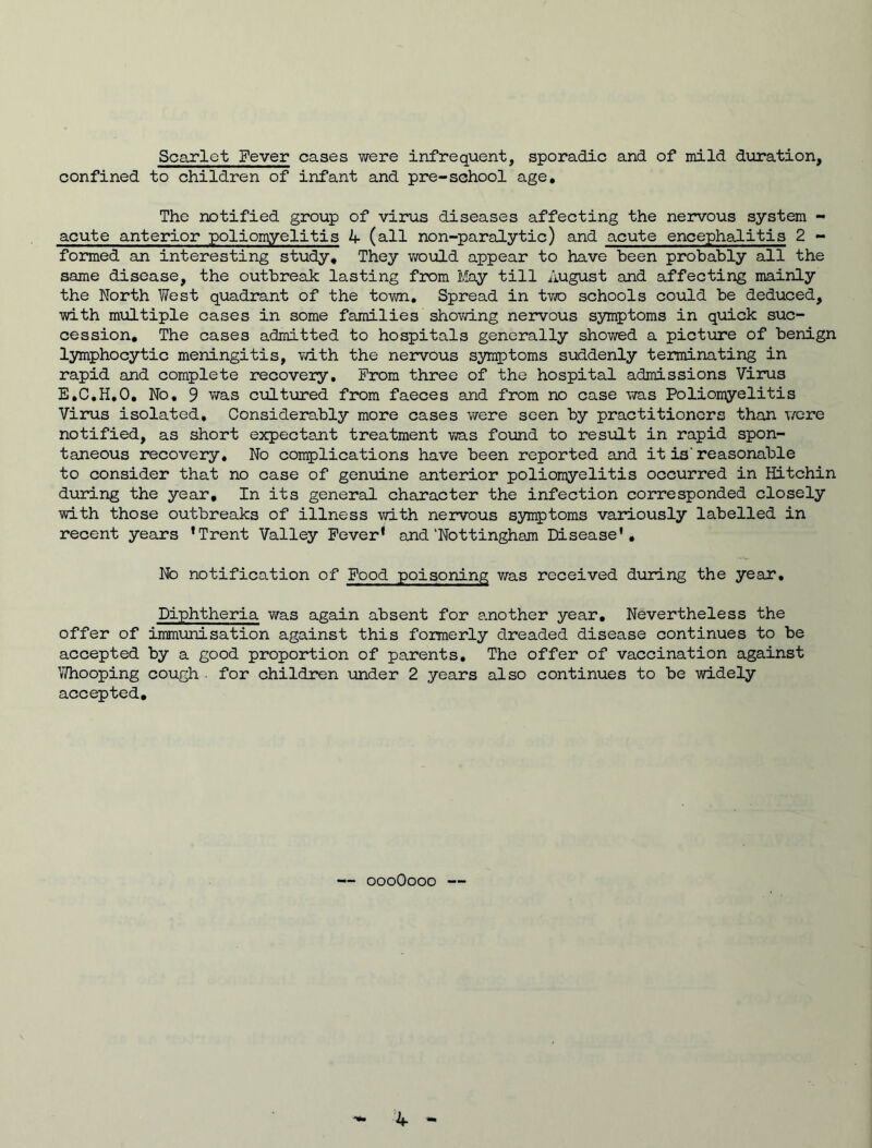 Scarlet Fever cases were infrequent, sporadic and of mild duration, confined to children of infant and pre-school age. The notified group of virus diseases affecting the nervous system - acute anterior poliomyelitis A (all non-paralytic) and acute encephalitis 2 - formed an interesting study. They would appear to have been probably all the same disease, the outbreak lasting from May till August and affecting mainly the North West quadrant of the town. Spread in two schools could be deduced, with multiple cases in some families showing nervous symptoms in quick suc- cession, The cases admitted to hospitals generally showed a picture of benign lymphocytic meningitis, with the nervous symptoms suddenly terminating in rapid and complete recovery. From three of the hospital admissions Virus E.C.H.O, No, 9 was cultured from faeces and from no case was Poliomyelitis Virus isolated. Considerably more cases were seen by practitioners than were notified, as short expectant treatment was found to result in rapid spon- taneous recovery. No complications have been reported and it is'reasonable to consider that no case of genuine anterior poliomyelitis occurred in Hitchin during the year. In its general character the infection corresponded closely with those outbreaks of illness with nervous symptoms variously labelled in recent years 'Trent Valley Fever' and'Nottingham Disease', No notification of Food poisoning was received during the year. Diphtheria was again absent for another year. Nevertheless the offer of immunisation against this formerly dreaded disease continues to be accepted by a good proportion of parents. The offer of vaccination against Whooping cough . for children under 2 years also continues to be widely accepted. — oooOooo —