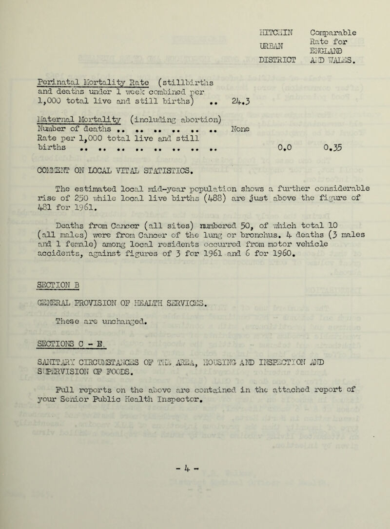 HITCHIN Comparable URBAN DISTRICT AID RALES. Perinatal Mortality Rate (stillbirths and deaths under 1 week combined per 1,000 total live and still births) .. 2k.3 Maternal Mortality (including abortion) Number of deaths .. .. Rate per 1,000 total live and still births .. None 0.0 0.35 COMMENT ON LOCAL VITAL STATISTICS. The estimated local mid-year population shows a further considerable rise of 230 while local live births (488) are just above the figure of 481 for 1961. Deaths from Cancer (all sites) numbered 30, of which total 10 (all males) were from Cancer of the lung or bronchus. 4 deaths (3 males and 1 female) among local residents occurred from motor vehicle accidents, against figures of 3 for 1961 and 6 for i960. SECTION B GENERAL PROVISION OP HEALTH SERVICES. These are unchanged. SECTION'S C - E SANITARY CIRCUMSTANCES OP THE AREA, HOUSING AID INSPECTION AND SUPERVISION CP POODS. Pull reports on the above are contained in the attached report of your Senior Public Health Inspector.