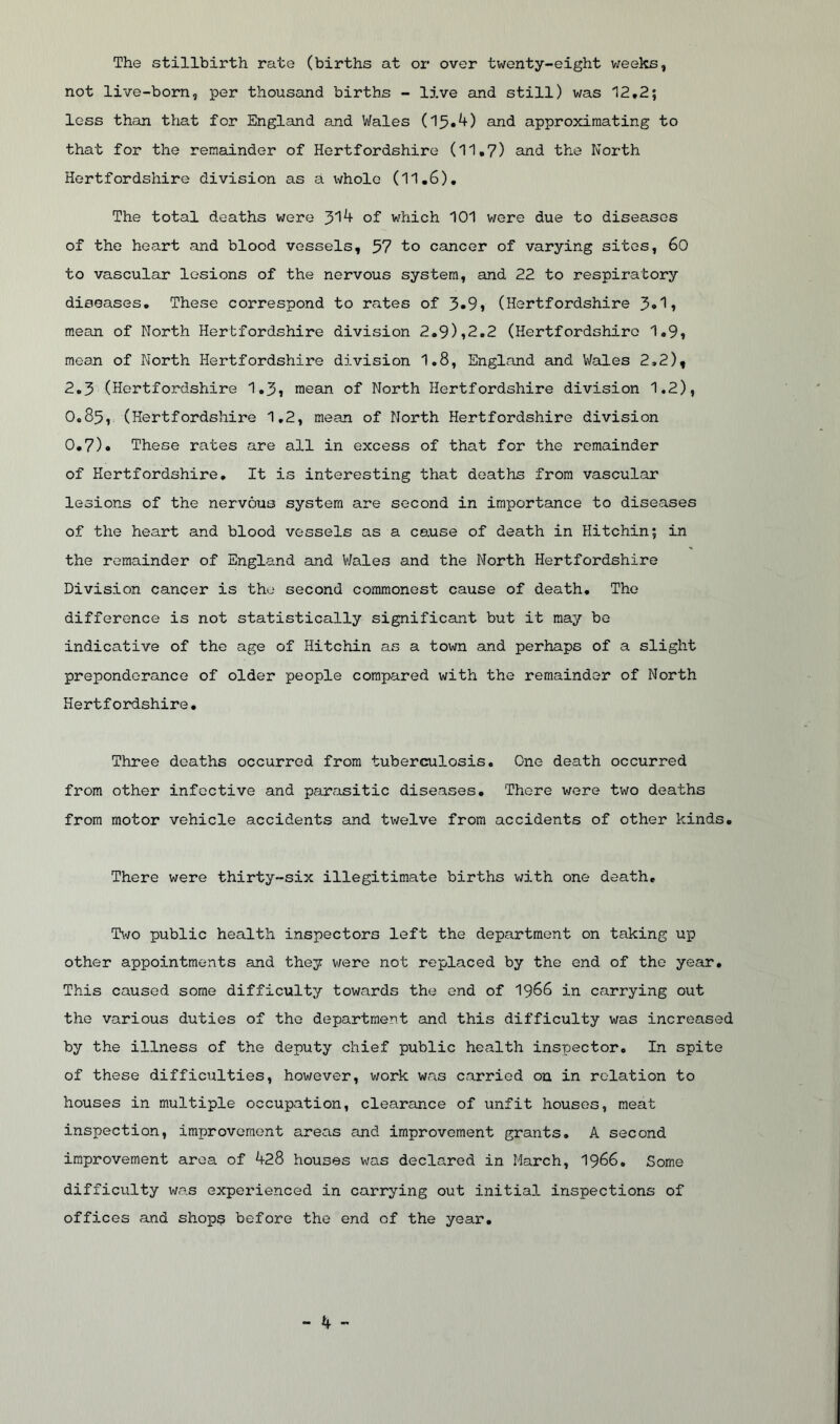 The stillbirth rate (births at or over twenty-eight weeks, not live-born, per thousand births - live and still) was 12.2; less than that for England and Wales (15**+) and approximating to that for the remainder of Hertfordshire (11.7) and the North Hertfordshire division as a whole (11.6). The total deaths were 314 of which 101 were due to diseases of the heart and blood vessels, 57 to cancer of varying sites, 60 to vascular lesions of the nervous system, and 22 to respiratory diseases. These correspond to rates of 3»9, (Hertfordshire 3*^, mean of North Hertfordshire division 2.9),2.2 (Hertfordshire 1.9, mean of North Hertfordshire division 1.8, England and Wales 2,2), 2.3 (Hertfordshire 1.3, mean of North Hertfordshire division 1.2), 0.85, (Hertfordshire 1.2, mean of North Hertfordshire division 0.7)« These rates are all in excess of that for the remainder of Hertfordshire. It is interesting that deaths from vascular lesions of the nervous system are second in importance to diseases of the heart and blood vessels as a cause of death in Hitchin; in the remainder of England and Wales and the North Hertfordshire Division cancer is the second commonest cause of death. The difference is not statistically significant but it may be indicative of the age of Hitchin as a town and perhaps of a slight preponderance of older people compared with the remainder of North Hertfordshire. Three deaths occurred from tuberculosis. One death occurred from other infective and parasitic diseases. There were two deaths from motor vehicle accidents and twelve from accidents of other kinds. There were thirty-six illegitimate births with one death. Two public health inspectors left the department on taking up other appointments and they were not replaced by the end of the year. This caused some difficulty towards the end of 1966 in carrying out the various duties of the department and this difficulty was increased by the illness of the deputy chief public health inspector. In spite of these difficulties, however, work was carried on in relation to houses in multiple occupation, clearance of unfit houses, meat inspection, improvement areas and improvement grants. A second improvement area of 428 houses was declared in March, 1966. Some difficulty was experienced in carrying out initial inspections of offices and shop? before the end of the year.
