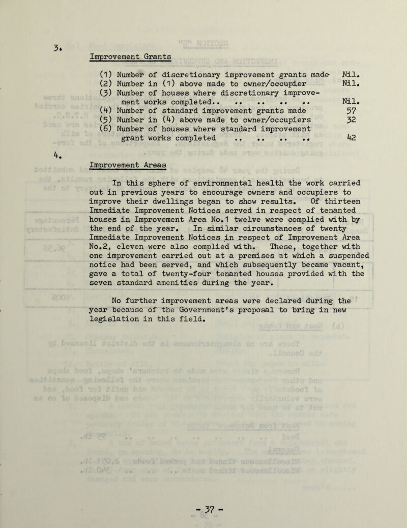 3* Improvement Grants (1) Number of discretionary improvement grants made- Nil, (2) Number in (I) above made to owner/occupier Nil* (3) Number of houses where discretionary improve- ment works completed.. .. Nil, (4) Number of standard improvement grants made 37 (3) Number in (4) above made to owner/occupiers 32 (6) Number of houses where standard improvement grant works completed 42 4. Improvement Areas In this sphere of environmental health the work carried out in previous years to encourage owners and occupiers to improve their dwellings began to show results. Of thirteen Immediate Improvement Notices served in respect of tenanted houses in Improvement Area No,1 twelve were complied with by the end of the year. In similar circumstances of twenty Immediate Improvement Notices in respect of Improvement Area No,2, eleven were also complied with. These, together with one improvement carried out at a premises at which a suspended notice had been served, and which subsequently became vacant, gave a total of twenty-four tenanted houses provided with the seven standard amenities during the year. No further improvement areas were declared during the year because of the Government’s proposal to bring in new legislation in this field.