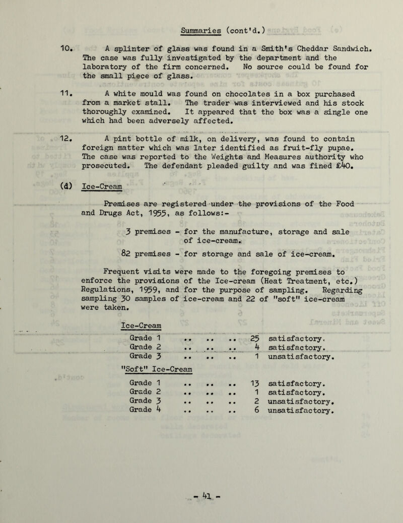10. A splinter of glass was found in a Smith's Cheddar Sandwich. The case was fully investigated by the department and the laboratory of the firm concerned. No source could be found for the small piece of glass, 11. A white mould was found on chocolates in a box purchased from a market stall. The trader was interviewed and his stock thoroughly examined. It appeared that the box was a single one which had been adversely affected, 12. A pint bottle of milk, on delivery, was found to contain foreign matter which was later identified as finiit-fly pupae. The case was reported to the Weights and Measures authority who prosecuted. The defendant pleaded guilty and was fined £^0. (d) Ice-Cream Premises are registered under the provisions of the Food and Drugs Act, 1955i follows:- 3 premises - for the manufacture, storage and sale of ice-cream.; 82 premises - for storage and sale of ice-cream. Frequent visits were made to the foregoing premises to enforce the provisions of the Ice-cream (Heat Treatment, etc.) Regulations, 1959, and for the purpose of sampling. Regarding sampling 30 samples of ice-cream and 22 of soft ice-cream were taken. Ice-Cream Grade 1 25 satisfactory. Grade 2 ., k satisfactory. Grade 3 •• •• .. 1 unsatisfactory. Soft Ice-Cream Grade 1 13 satisfactory. Grade 2 ,, ., 1 satisfactory. Grade 3 2 unsatisfactory. Grade k .. .. ,. 6 unsatisfactory. - ^1 -