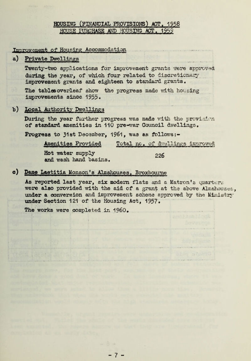 HOUSING (FINANCIAL PROVISIONS) ACT. 1958 HOUSE PURCHASE AND HOUSING ACT. 1959 Improvement of Housing Accommodation a.) Private Dwellings Twenty-two applications for improvement grants lirere approved during the year, of which four related to discretionary improvement grants and eighteen to standard grants. The tables overleaf show the progress made with hoi.sing improvements since 1955* b) Looal Authority Dwellings During the year further progress was made with the provision of standard amenities in 110 pre-war Council dwellings. Progress to 31st December, 1961, was as follows Amenities Provided Hot water supply and wash hand basins Total nc-. of dwellings improved 226 o) Dame Laetitia Monson's Almshouses. Broxboume As reported last year, six modem flats and a Matron's quarter*: were also provided with the aid of a grant at the above Almshouses, under a conversion and improvement scheme approved by the Ministry under Section 121 of the Housing Act, 1957* The works were completed in I960.