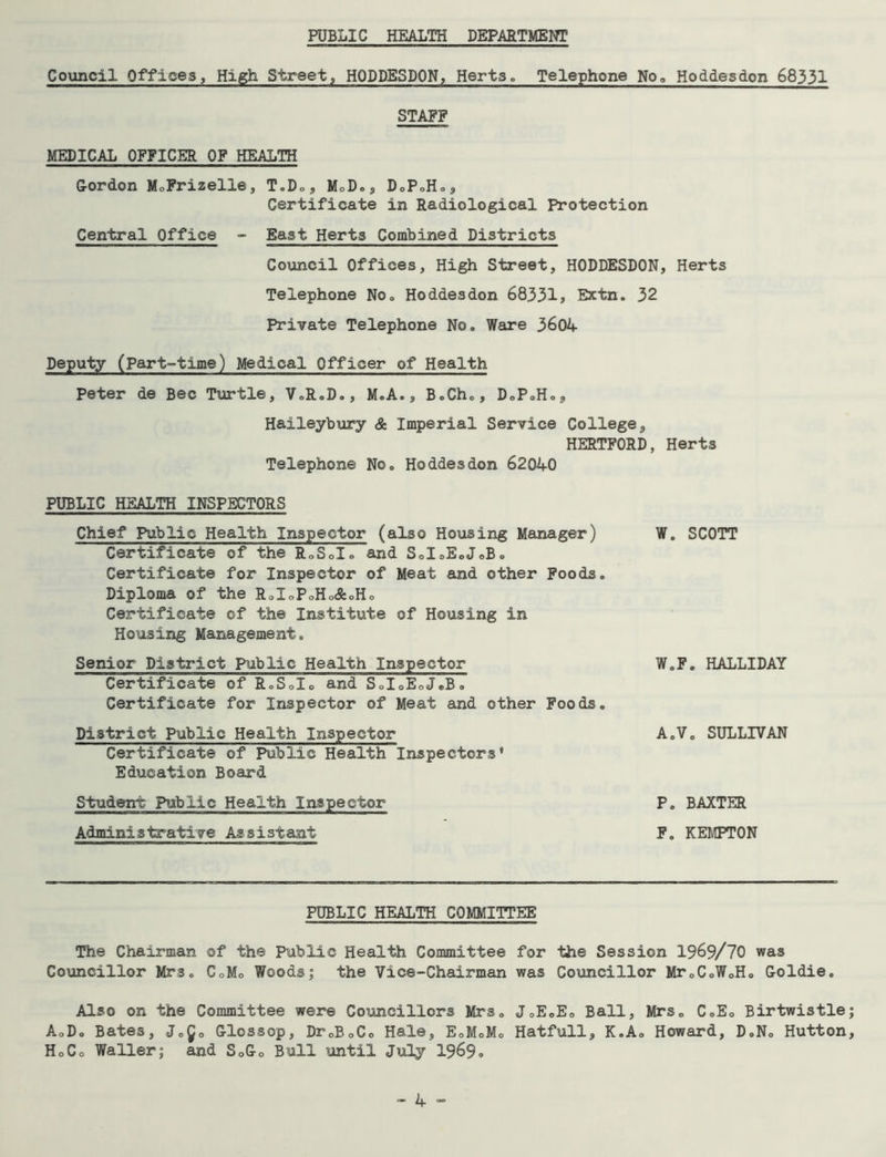 PUBLIC HEALTH DEPARTMENT Council Offices, High Street, HODDESDON, Herts. Telephone Noa Hoddesdon 68331 STAFF MEDICAL OFFICER OF HEALTH Gordon MoFrizelle, T.Do, MoD., DoP.Ho, Certificate in Radiological Protection Central Office - East Herts Combined Districts Council Offices, High Street, HODDESDON, Herts Telephone No0 Hoddesdon 68331, Extn. 32 Private Telephone No. Ware 3604 Deputy (Part-time) Medical Officer of Health Peter de Bee Turtle, V.R.D., M.A., B.Ch», DoPcH., Haileybury & Imperial Service College, HERTFORD, Herts Telephone No. Hoddesdon 62040 PUBLIC HEALTH INSPECTORS Chief Public Health Inspector (also Housing Manager) W. SCOTT Certificate of the R«,SoL and SoLE.JoBo Certificate for Inspector of Meat and other Foods. Diploma of the SJoPoHo&oHo Certificate of the Institute of Housing in Housing Management. Senior District Public Health Inspector W.F. HALLIDAY Certificate of R.SoIo and SdoEoJeB. Certificate for Inspector of Meat and other Foods. District Public Health Inspector A.V. SULLIVAN Certificate of Public Health Inspectors* Education Board Student Public Health Inspector P. BAXTER Adminiatrative Assistant F. KEMPTON PUBLIC HEALTH COMMITTEE The Chairman of the Public Health Committee for the Session 1969/70 was Councillor Mrs. CoMo Woods; the Vice-Chairman was Councillor Mr0CoWoHo Goldie. Also on the Committee were Councillors Mrs. J0E<,E0 Ball, Mrs. C.E. Birtwistle AoD. Bates, J0g0 Glossop, Dr0B0Co Hale, EoMoMo Hatfull, K.A. Howard, D.N. Hutton Ho Co Waller; and S0G0 Bull until July 1969=.