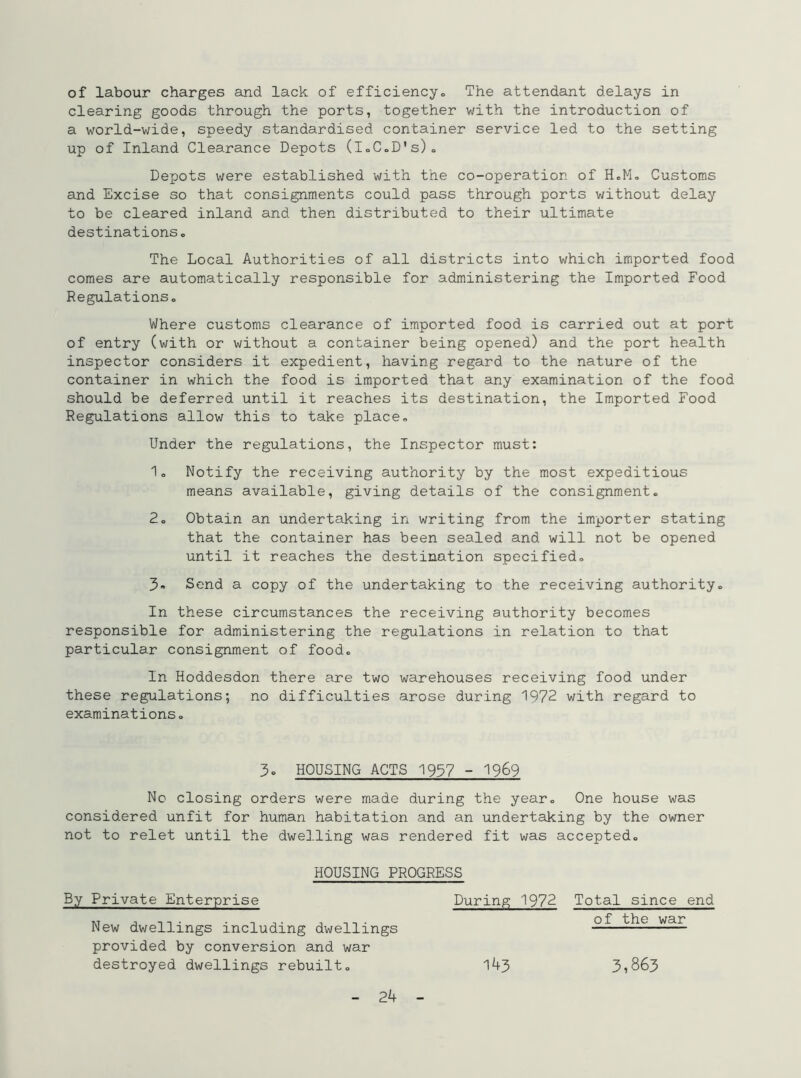 of labour charges and lack of efficiency., The attendant delays in clearing goods through the ports, together with the introduction of a world-wide, speedy standardised container service led to the setting up of Inland Clearance Depots (i.C.D's). Depots were established with the co-operation of H.M. Customs and Excise so that consignments could pass through ports without delay to be cleared inland and then distributed to their ultimate destinations. The Local Authorities of all districts into which imported food comes are automatically responsible for administering the Imported Food Regulations, Where customs clearance of imported food is carried out at port of entry (with or without a container being opened) and the port health inspector considers it expedient, having regard to the nature of the container in which the food is imported that any examination of the food should be deferred until it reaches its destination, the Imported Food Regulations allow this to take place. Under the regulations, the Inspector must: 1. Notify the receiving authority by the most expeditious means available, giving details of the consignment, 2, Obtain an undertaking in writing from the importer stating that the container has been sealed and will not be opened until it reaches the destination specified, 3» Send a copy of the undertaking to the receiving authority. In these circumstances the receiving authority becomes responsible for administering the regulations in relation to that particular consignment of food. In Hoddesdon there are two warehouses receiving food under these regulations; no difficulties arose during 1972 with regard to examinations. 3» HOUSING ACTS 1957 - 1969 No closing orders were made during the year. One house was considered unfit for human habitation and an undertaking by the owner not to relet until the dwelling was rendered fit was accepted. HOUSING PROGRESS By Private Enterprise New dwellings including dwellings provided by conversion and war destroyed dwellings rebuilt. During 1972 Total since end of the war 143 3,863