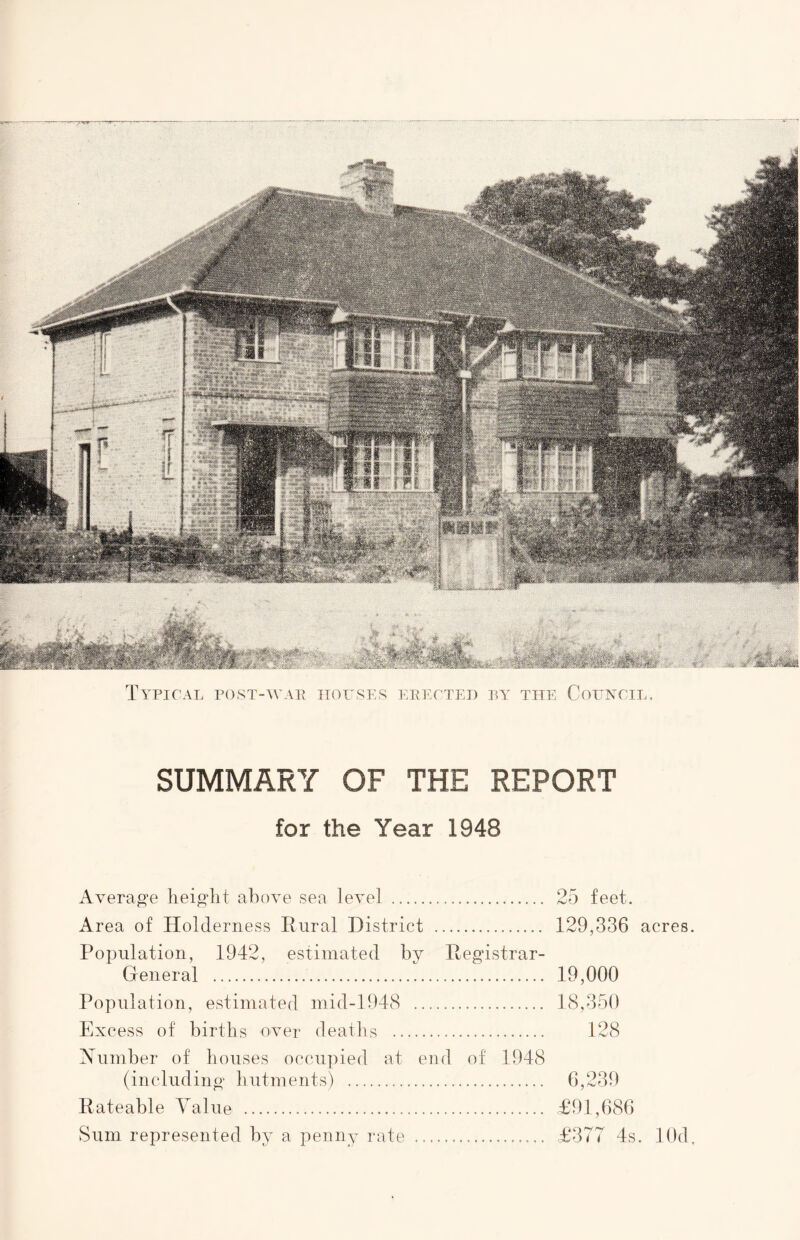 7W Typical post-war houses erected by the Council, SUMMARY OF THE REPORT for the Year 1948 Average height above sea level 25 feet. Area of Holderness Rural District 129,336 acres. Population, 1942, estimated by Registrar- General 19,000 Population, estimated mid-19 IS 18,350 Excess of births over deaths 128 Number of houses occupied at end of 1948 (including hutments) 6,239 Rateable Value £91,686 Sum represented by a penny rate £377 4s. lOd,