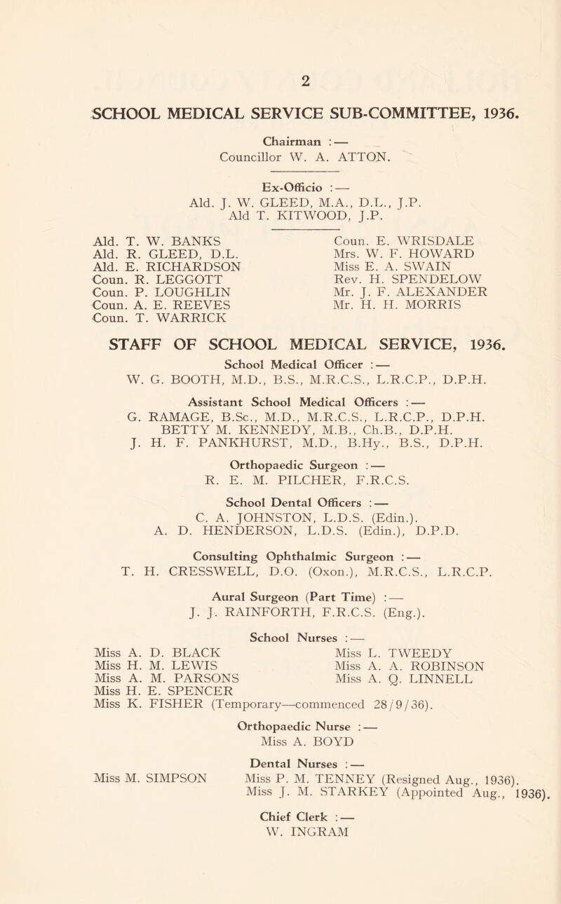 SCHOOL MEDICAL SERVICE SUB-COMMITTEE, 1936. Chairman : — Councillor W. A. ATTON. Ex-Officio : — Aid. J. W. GLEED, M.A., D.L., J.P. Aid T. KIT WOOD, J.P. Aid. T. W. BANKS Aid. R. GLEED, D.L. Aid. E. RICHARDSON Coun. R. LEGGOTT Coun. P. LOUGHLIN Coun. A. E. REEVES Coun. T. WARRICK Coun. E. WRISDALE Mrs. W. F. HOWARD Miss E. A. SWAIN Rev. H. SPENDELOW Mr. J. F. ALEXANDER Mr. H. H. MORRIS STAFF OF SCHOOL MEDICAL SERVICE, 1936. School Medical Officer : — W. G. BOOTH, M.D., B.S., M.R.C.S., L.R.C.P., D.P.H. Assistant School Medical Officers : — G. RAMAGE, B.Sc., M.D., M.R.C.S., L.R.C.P., D.P.H. BETTY M. KENNEDY, M.B., Ch.B., D.P.H. J. H. F. PANKHURST, M.D., B.Hy., B.S., D.P.H. Orthopaedic Surgeon : — R. E. M. PILCHER, F.R.C.S. School Dental Officers : — C. A. JOHNSTON, L.D.S. (Edin.). A. D. HENDERSON, L.D.S. (Edin.), D.P.D. Consulting Ophthalmic Surgeon : — T. H. CRESSWELL, D.O. (Oxon.), M.R.C.S., L.R.C.P. Aural Surgeon (Part Time) — J. J. RAINFORTH, F.R.C.S. (Eng.). School Nurses : — Miss A. D. BLACK Miss L. TWEEDY Miss H. M. LEWIS Miss A. A. ROBINSON Miss A. M. PARSONS Miss A. Q. LINNELL Miss H. E. SPENCER Miss K. FISHER (Temporary—commenced 28/9/36). Orthopaedic Nurse : — Miss A. BOYD Dental Nurses : — Miss M. SIMPSON Miss P. M. TENNEY (Resigned Aug., 1936). Miss J. M. STARKEY (Appointed Aug., 1936). Chief Clerk : — W. INGRAM