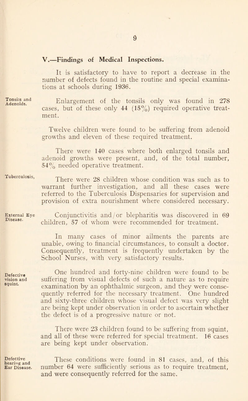 Tonsils and Adenoids. Tuberculosis, External Eye Disease. Defective vision and squint. Defective hearing and Ear Disease. V.—Findings of Medical Inspections. It is satisfactory to have to report a decrease in the number of defects found in the routine and special examina- tions at schools during 1936. Enlargement of the tonsils only was found in 278 cases, but of these only 44 (15%) required operative treat- ment. Twelve children were found to be suffering from adenoid growths and eleven of these required treatment. There were 140 cases where both enlarged tonsils and adenoid growths were present, and, of the total number, 54% needed operative treatment. There were 28 children whose condition was such as to warrant further investigation, and all these cases were referred to the Tuberculosis Dispensaries for supervision and provision of extra nourishment where considered necessary. Conjunctivitis and/or blepharitis was discovered in 69 children, 57 of whom were recommended for treatment. In many cases of minor ailments the parents are unable, owing to financial circumstances, to consult a doctor. Consequently, treatment is frequently undertaken by the School Nurses, with very satisfactory results. One hundred and forty-nine children were found to be suffering from visual defects of such a nature as to require examination by an ophthalmic surgeon, and they were conse- quently referred for the necessary treatment. One hundred and sixty-three children whose visual defect was very slight are being kept under observation in order to ascertain whether the defect is of a progressive nature or not. There were 23 children found to be suffering from squint, and all of these were referred for special treatment. 16 cases are being kept under observation. These conditions were found in 81 cases, and, of this number 64 were sufficiently serious as to require treatment, and were consequently referred for the same.