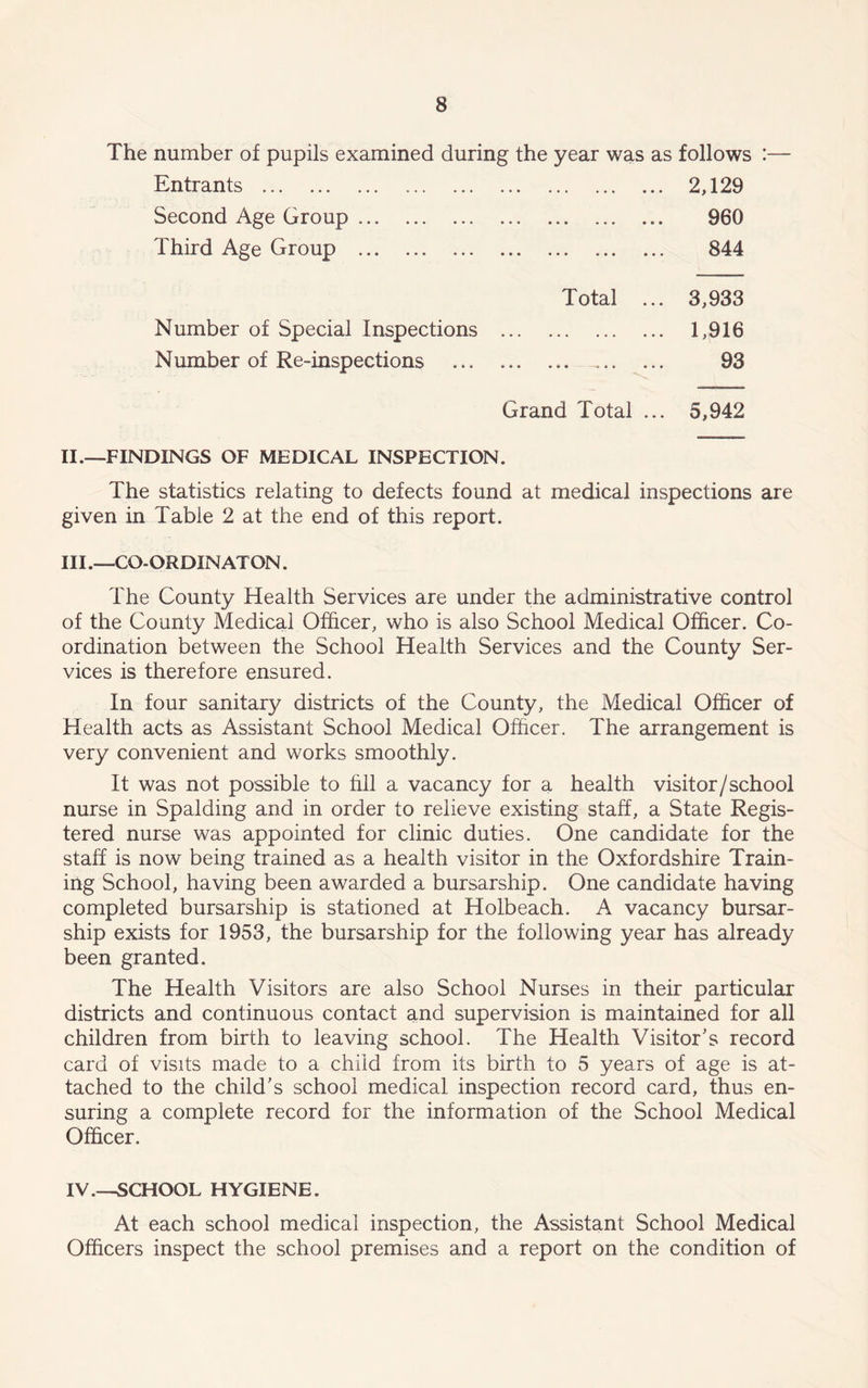 The number of pupils examined during the year was as follows :— Entrants 2,129 Second Age Group 960 Third Age Group 844 Total ... 3,933 Number of Special Inspections 1,916 Number of Re-inspections 93 Grand Total ... 5,942 II. —FINDINGS OF MEDICAL INSPECTION. The statistics relating to defects found at medical inspections are given in Table 2 at the end of this report. III. —CO-ORDINATON. The County Health Services are under the administrative control of the County Medical Officer, who is also School Medical Officer. Co- ordination between the School Health Services and the County Ser- vices is therefore ensured. In four sanitary districts of the County, the Medical Officer of Health acts as Assistant School Medical Officer. The arrangement is very convenient and works smoothly. It was not possible to fill a vacancy for a health visitor/school nurse in Spalding and in order to relieve existing staff, a State Regis- tered nurse was appointed for clinic duties. One candidate for the staff is now being trained as a health visitor in the Oxfordshire Train- ing School, having been awarded a bursarship. One candidate having completed bursarship is stationed at Holbeach. A vacancy bursar- ship exists for 1953, the bursarship for the following year has already been granted. The Health Visitors are also School Nurses in their particular districts and continuous contact and supervision is maintained for all children from birth to leaving school. The Health Visitor's record card of visits made to a child from its birth to 5 years of age is at- tached to the child's school medical inspection record card, thus en- suring a complete record for the information of the School Medical Officer. IV. —SCHOOL HYGIENE. At each school medical inspection, the Assistant School Medical Officers inspect the school premises and a report on the condition of