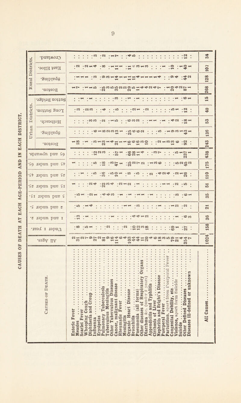 CAUSES OF DEATH AT EACH AGE-PERIOD AND IN EACH DISTRICT, 9 Rural Districts. •pUB^AiOJO •aopH tsBp[ •SuxpiBds •uo;soa Urban Districts. | •agpua ucp}ns •uo^^ns §uoa •■qaBaqion ■SuipiBds •ucqsoa •spjimdn put; £9 •CO • CO • th t- • ■rf* iD th th th -CO .C5COtH^«tHtHtHtH^tHtHtHtHt}< ■ CO tH • if 05 r}< • CO • Tf it- .iocoioiocococ5iOTH<s<>cf’coTj!,CT • -CO CO CO th < O tP CO t- th co co Hf« co co CM co co CO • CO . co * co • co co ■ 10 ■ CO T-c -CO • Or* -CO • CO CO -CO • th id ■ co co co ■ th th . tH • CO • CO th ■ co th co co co co t-i • 10 co co co T- - CO • 10 • th 05 CO th CO tH • 1 CO • CO th CO th t* th th th co CO CO CO © - - CO T-I CO CO CO -CO • CO CO th th th . • th • 05 • ■ in • •COCOCO - -[H . CO 00 th h}< . . eo t- • ■ th - .© ■ co co th • • ... eo CO £9 japun puB £t •£t japun puB £z • lO ■ m £z japun puu £1 1 £ 1 japun puu £ •£ japun puu z z japun puu 1 •jua£ i japufi •sa§v nv K H <1 « Q Pd o tn W to < O . io - • CO <c? • CO ■ •10 • TH tJ* - CO • co • m th CO •cot'—, • ID CO C— CO • th CO CO • • • ID CO ID CO TH . *cf, -CO * ... -C'* tJ< -IDOtH -CO .ID • -CO -TfCOTj* . CO tH CO eo • th • . • . . . co CO CO If • CO TH CO • H CO •HH -CO -ID co • co • Tp TH CO CO ■co • © co co eo • CO • CO th TH CO -CO ■ © 00 © th • t— CD • CO CO!HCOC-<35E'COTHC5e©‘5j<eDTj<COTf<T5<'H©>Jj<cDOOeOlOO'rH!i<T?<tH eo CO CO TH th © ^ tJ* th CO th C- CO ID TH th CO 33 > 35 P* “ s P- T? ft 3 o &0U 33 ■& tH O a eO <c ^ _» © tiiD.2 ^4 a 2 .HH O ^ ftjC c ©©-*-»© ©■a a C/3 © c/3 m cs </i O ^ V3 p m - S O-C « LL o ^ c! l/l wSm^Sh 3 bfi © a *2 © c _Q © H C/3 _ «>5 ^ 2 *- 0 a 0,0 2 »s® ^ 3 S WO-)H ^3 C/3 3 fl O rt S 3 C S S3 « -H E_v CvJ ‘-a d®3 33 33 H •ac£ T. (J H Oo« eS 35 co a 95 tn s_ o ,22 W ,tf> H S3 33 •3 co e S 1 , pH t-H Som on on 3 tfj ^ Cat VS 05 . ^ 35 O CO 35 c« ^3 (M fla G cfl rt 23 s a S3 35 2 c3 Ch« fcOQ a> CO c3 o CO Q . co O. H ^ to 35 ’O ^ c.S C5J .2 « ’Om e o 35 js C2h t-< ft *2 <5 0 G5 ® CO ,2? e 2 p ^ > ft o CG t c5 C .2 ^ .2 tH s-< ft g3 j3 £“3 0.03 b ® 3 « SS © Cd 43 © Q c3 ft 73 * S 33 CO® © C -d l, bj) © (D C0-3 o .is 3 TH O > CO© e & o a a gs © c © o CO lO o CO CO b£J« CO CO 10 c- UO LO CO ca CO CO 00 (M o © c/3 G3 c« O