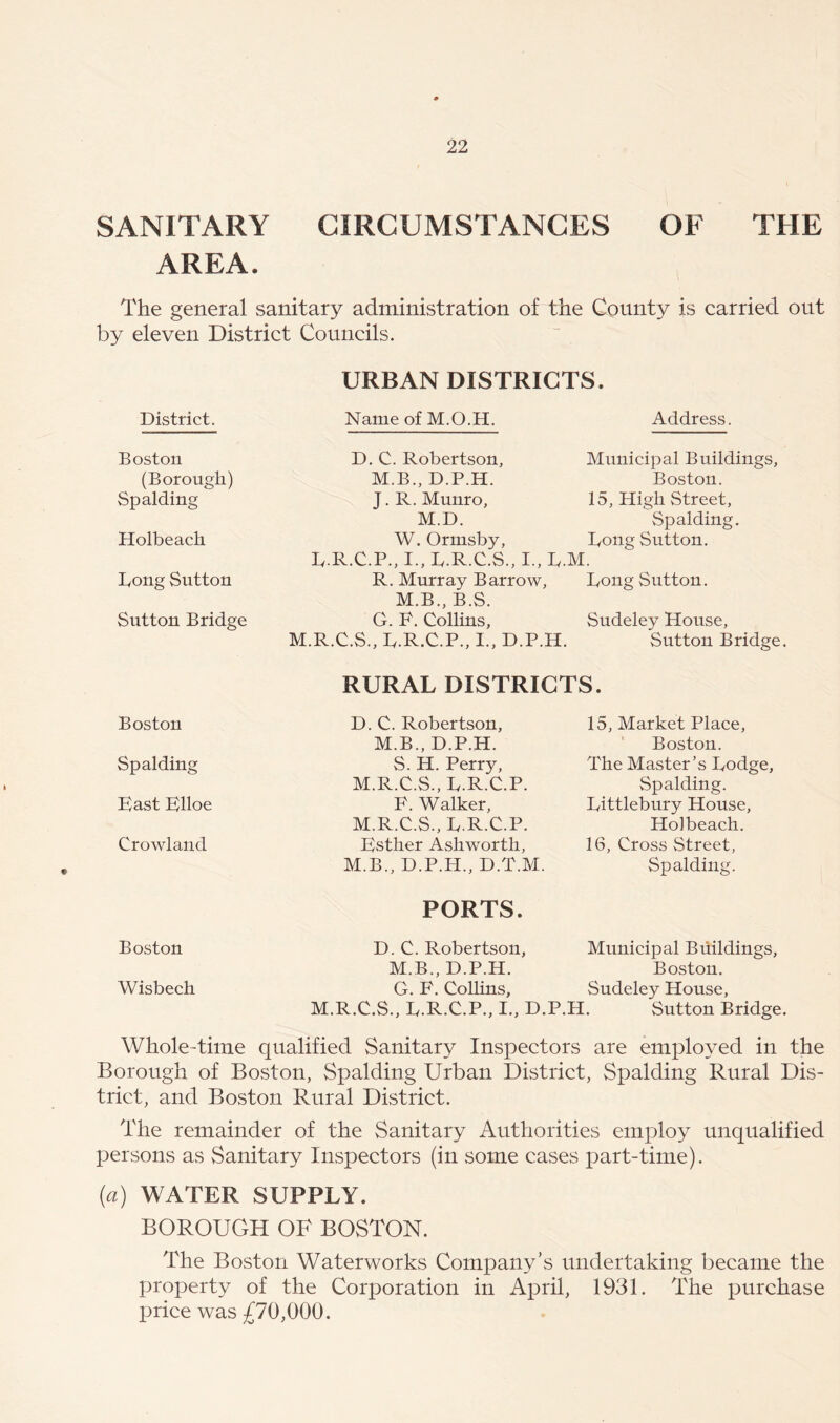 SANITARY CIRCUMSTANCES OF THE AREA. The general sanitary administration of the County is carried out by eleven District Councils. District. Boston (Borough) Spalding Holbeach Long Sutton Sutton Bridge URBAN DISTRICTS. Name of M.O.H. Address. D. C. Robertson, M.B., D.P.H. J. R. Munro, M.D. W. Ormsby, Municipal Buildings, Boston. 15, High Street, Spalding. Long Sutton. L.R.C.P., I., L.R.C.S., I., L.M. R. Murray Barrow, Long Sutton. M.B., B.S. G. F. Collins, Sudeley House, M.R.C.S., L.R.C.P., I., D.P.H. Sutton Bridge. RURAL DISTRICTS. Boston Spalding East Elloe Crowland D. C. Robertson, M.B., D.P.H. S. H. Perry, M.R.C.S., L.R.C.P. F. Walker, M.R.C.S., L.R.C.P. Esther Ashworth, M.B., D.P.H., D.T.M. PORTS. 15, Market Place, Boston. The Master’s Lodge, Spalding. Littlebury House, Holbeach. 16, Cross Street, Spalding. Boston Wisbech D. C. Robertson, M.B., D.P.H. G. F. Collins, M.R.C.S., L.R.C.P., I., D.P.H. Municipal Buildings, Boston. Sudeley House, Sutton Bridge. Whole-time qualified Sanitary Inspectors are employed in the Borough of Boston, Spalding Urban District, Spalding Rural Dis- trict, and Boston Rural District. The remainder of the Sanitary Authorities employ unqualified persons as Sanitary Inspectors (in some cases part-time). {a) WATER SUPPLY. BOROUGH OF BOSTON. The Boston Waterworks Company’s undertaking became the property of the Corporation in April, 1931. The purchase price was £70,000.