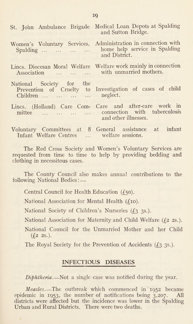 St. John Ambulance Brigade Women’s Voluntary Services, Spalding Lines. Diocesan Moral Welfare Association National Society for the Prevention of Cruelty to Children Lines. (Holland) Care Com- mittee Voluntary Committees at 8 Infant Welfare Centres Medical Loan Depots at Spalding and Sutton Bridge. Administration in connection with home help service in Spalding and District. Welfare work mainly in connection with unmarried mothers. Investigation of cases of child neglect. Care and after-care work in connection with tuberculosis and other illnesses. General assistance at infant welfare sessions. The Red Cross Society and Women’s Voluntary Services are requested from time to time to help by providing bedding and clothing in necessitous cases. The County Council also makes annual contributions to the following National Bodies: — Central Council for Health Education (£50). National Association for Mental Health (£io). National Society of Children’s Nurseries (£3 3s.). National Association for Maternity and Child Welfare (£2 2s.). National Council for the Unmarried Mother and her Child (£2 2S.). The Royal Society for the Prevention of Accidents (£3 3s.). INFECTIOUS DISEASES Diphtheria.—Not a single case was notified during the year. Measles.—The outbreak which commenced in 1952 became epidemic in 1953, the number of notifications being 3,207. All districts were affected but the incidence was lower in the Spalding Urban and Rural Districts. There were two deaths.