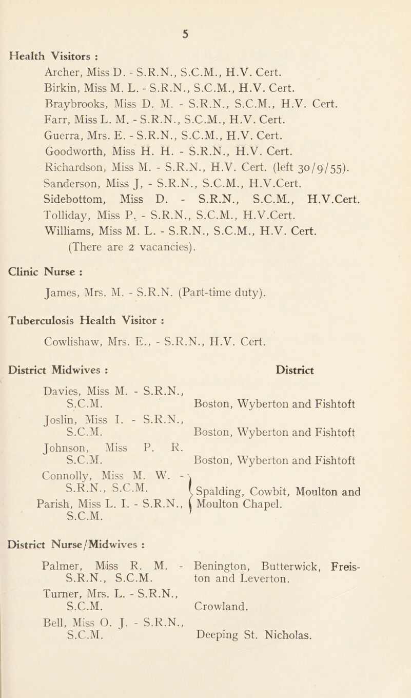 Health Visitors : Archer, Miss D. - S.R.N., S.C.M., H.V. Cert. Birkin, Miss M. L. - S.R.N., S.C.M., H.V. Cert. Braybrooks, Miss D. M. - S.R.N., S.C.M., H.V. Cert. Farr, Miss L. M. - S.R.N., S.C.M., H.V. Cert. Guerra, Mrs. E. - S.R.N., S.C.M., H.V. Cert. Goodworth, Miss H. H. - S.R.N., H.V. Cert. Richardson, Miss M. - S.R.N., H.V. Cert, (left 30/9/55). Sanderson, Miss J, - S.R.N., S.C.M., H.V.Cert. Sidebottom, Miss D. - S.R.N., S.C.M., H.V.Cert. Tolliday, Miss P, - S.R.N., S.C.M., H.V.Cert. Williams, Miss M. L. - S.R.N., S.C.M., H.V. Cert. (There are 2 vacancies). Clinic Nurse : James, Mrs. M. - S.R.N. (Part-time duty). Tuberculosis Health Visitor s Cowlishaw, Mrs. E., - S.R.N., H.V. Cert. District Midwives : Davies, Miss M. - S.R.N., S.C.M. Joslin, Miss I. - S.R.N., S.C.M. Johnson, Miss P. R. S.C.M. Connolly, Miss M. W. - S.R.N., S.C.M. Parish, Miss L. I. - S.R.N., S.C.M. District Nurse/Midwives : Palmer, Miss R. M. - S.R.N., S.C.M. Turner, Mrs. L. - S.R.N., S.C.M. Bell, Miss O. J. - S.R.N., S.C.M. District Boston, Wyberton and Fishtoft Boston, Wyberton and Fishtoft Boston, Wyberton and Fishtoft v Spalding, Cowbit, Moulton and ( Moulton Chapel. Benington, Butterwick, Freis- ton and Leverton. Crowland. Deeping St. Nicholas.