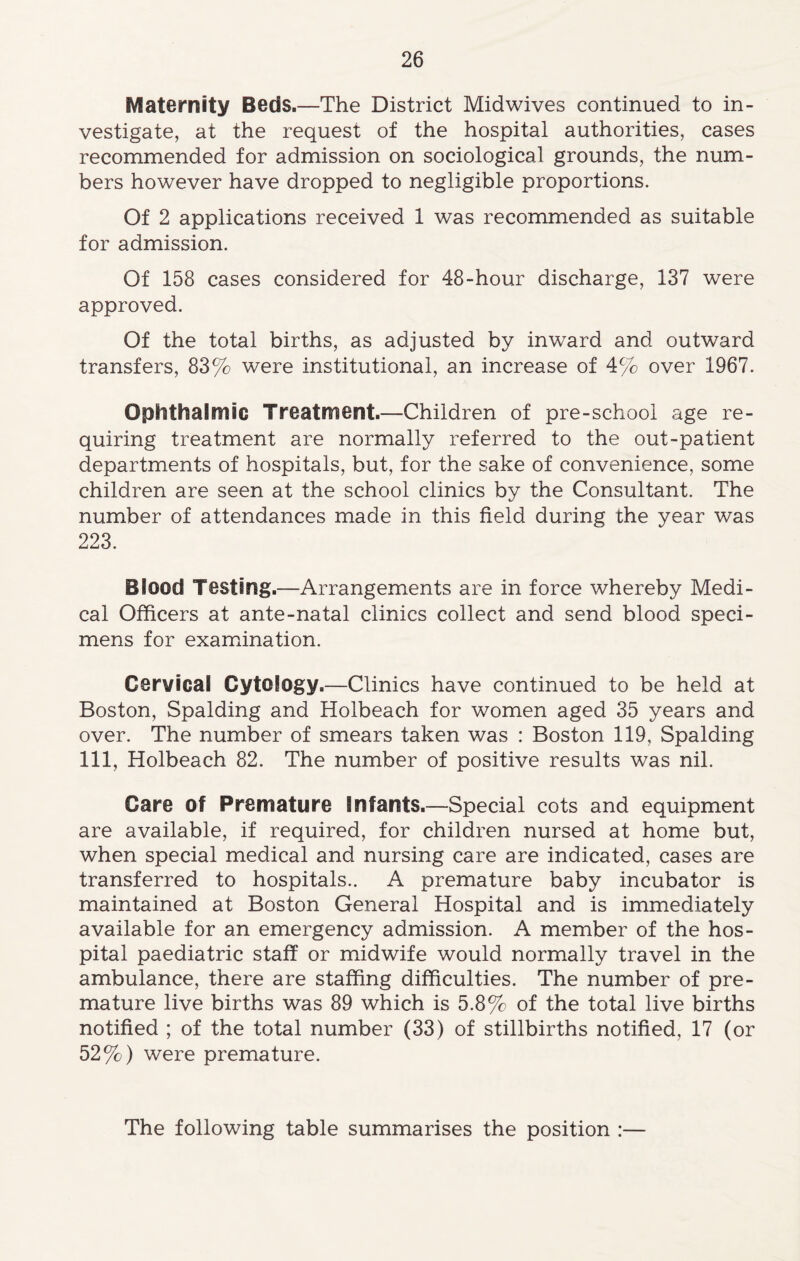 Maternity Beds.—The District Midwives continued to in- vestigate, at the request of the hospital authorities, cases recommended for admission on sociological grounds, the num- bers however have dropped to negligible proportions. Of 2 applications received 1 was recommended as suitable for admission. Of 158 cases considered for 48-hour discharge, 137 were approved. Of the total births, as adjusted by inward and outward transfers, 83% were institutional, an increase of 4% over 1967. Ophthalmic Treatment.—Children of pre-school age re- quiring treatment are normally referred to the out-patient departments of hospitals, but, for the sake of convenience, some children are seen at the school clinics by the Consultant. The number of attendances made in this field during the year was 223. Blood Testing.—Arrangements are in force whereby Medi- cal Officers at ante-natal clinics collect and send blood speci- mens for examination. Cervical Cytology.—Clinics have continued to be held at Boston, Spalding and Holbeach for women aged 35 years and over. The number of smears taken was : Boston 119, Spalding 111, Holbeach 82. The number of positive results was nil. Care of Premature Infants.—Special cots and equipment are available, if required, for children nursed at home but, when special medical and nursing care are indicated, cases are transferred to hospitals.. A premature baby incubator is maintained at Boston General Hospital and is immediately available for an emergency admission. A member of the hos- pital paediatric staff or midwife would normally travel in the ambulance, there are staffing difficulties. The number of pre- mature live births was 89 which is 5.8% of the total live births notified ; of the total number (33) of stillbirths notified, 17 (or 52%) were premature. The following table summarises the position :—