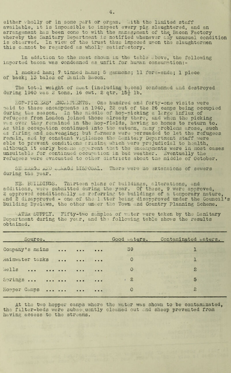either wholly or in some part or organ. with the limited staff available, it is impossible to inspect every pig, slaughtered, and an arrangement has been come to with the management of the# Bacon Factory whereby the Sanitary Department is notified whenever any unusual condition is observed. In view of the trust thus imposed uron the slaughtermen this cannot be regarded as wholly satisfactory. In addition to the meat shown m the table c.bove, the following imported bacon was condemned as unfit for human consumption:- 1 smoked ham; 7 tinned hams; 5 gammons; 11 fore-ends; 1 piece of back; 13 bales of Danish Bacon. The total weight of meat (including bacon) condemned and destroyed during 1940 was 2 tons. 16 cwt. 2 qtr. 15J lb. HOP-PICHERS’ BNCiJvJT.HNT'S. One hundred and forty-one visits were paid to these encampments in 1940, 22 out of the 26 camps being occupied during the season. In the middle of hop-picking a large influx of refugees from London joined those already there, and when the picking was over they remained in the hop-fields, having no homes to return to. As this occupation continued into the autumn, many problems arose, such <u£ firing and scavenging; but farmers were persuaded to let the refugees remain, ana by constant vigilance the Sanitaiy Department staff were able to prevent conditions arising which were prejudicial to health, although it early became apparent that the encampments were in most cases unsuitable for continued occupation in bad weather. eventually the refugees were evacuated to other districts about the middle of October. SEr EitAGrD AND o_.v»AGrE DISPOSAL. There were no extensions of sewers during the year. NED BUILDINGS. Thirteen plans of buildings, alterations, and additions, were submitted during the year. Of these, 9 were approved, 2 approved conditionally as referring to buildings of a temporary nature, c<nd 2 disapproved - one of the 1 tter being disapproved under the Council’s Building Byelaws, the other unaer the Town and Country Planning Scheme. ATEit SUPPLY. Fifty-two samples of water were taken by the Sanitary Department during the year, and the following table shows the results obtained. Source. Good waters. Contaminated waters. Company’s mains • • • • • • 39 1 rcainwater tanks ... • • • • • • 0 1 i' v 011 s ••• ••• ••• • • • • • • 0 2 i s • • • ••• ••• • • • • • • . 2 5 Hopper Gamps • • • • • • 0 2 At the two hopper camps where the water was shown to be contaminated, the filter-beds were subsequently cleaned out and sheep prevented from having access to the streams.