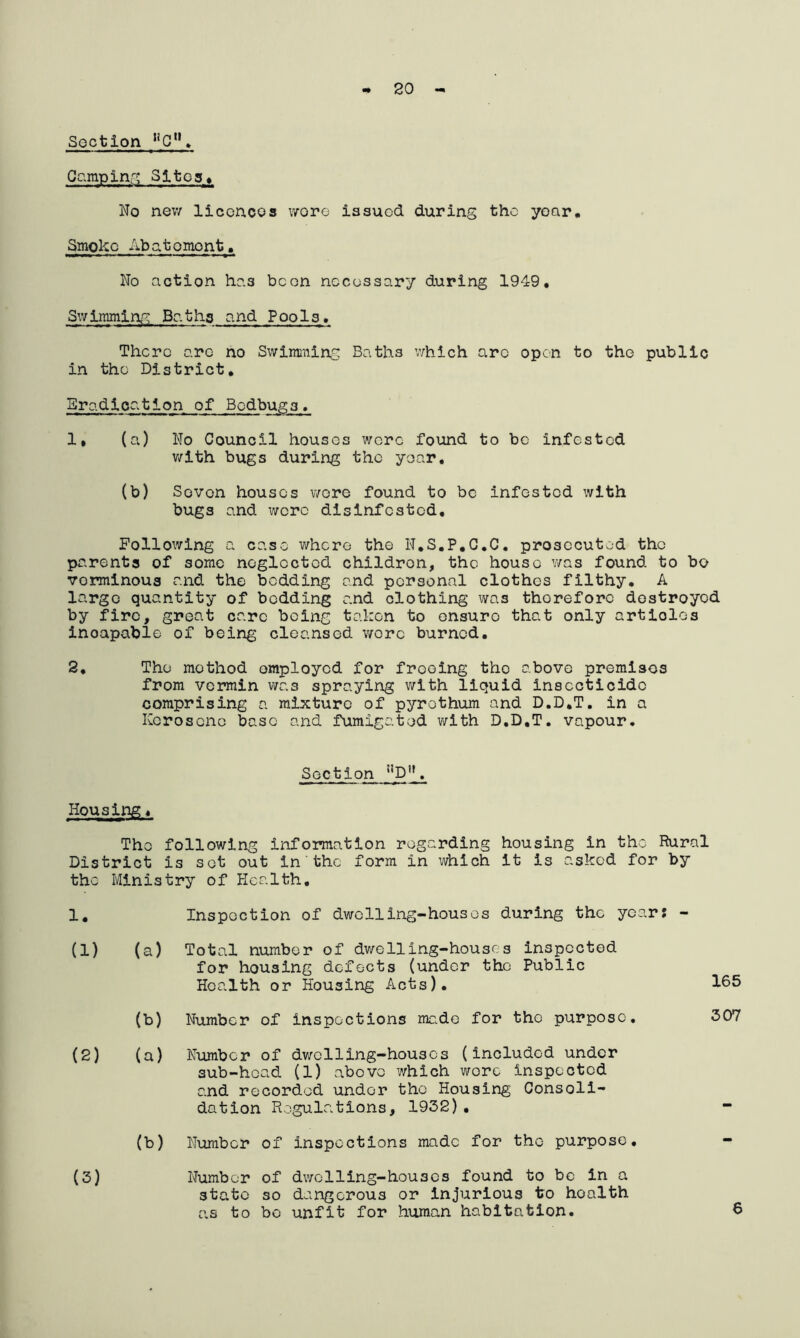 - 20 Section I!Cn. Camping Sites, No new licences were issued during the year. Smoke Abatement. No action has been necessary during 1949, Swimming Baths and Pools. There arc no Swimming Baths which arc open to the public in the District, Eradioatlon of Bedbugs. 1, (a) No Council houses were found to be infested with bugs during the year, (b) Seven houses wore found to be infested with bugs and were disinfested. Following a case where the N.S.P.C.C. prosecuted the parents of some neglected childron, the house was found to bo verminous and the bedding and personal clothes filthy. A largo quantity of bedding and clothing was therefore destroyed by fire, great care being taken to onsuro that only artioles inoapable of being cleansed wore burned. 2. The mothod omployed for freeing tho above premises from vermin was spraying with liquid insecticide comprising a mixture of pyrethum and D.D.T, in a Kerosene base and fumigated with D.D.T. vapour. Section !,D”. Housing« Tho following information regarding housing in the Rural District is sot out in'the form in which it is asked for by the Ministry of Health. 1. Inspection of dwelling-houses during the year: (1) (2) (3) (a) Total number of dwelling-houses inspected for housing defects (under the Public Health or Housing Acts). (b) Number of inspections ma.de for tho purpose. (a) Number of dwelling-houses (included under 3ub-hcad (1) above which wore inspected and recorded under tho Housing Consoli- dation Regulations, 1932)• (b) Number of inspections made for the purpose. Number of dwelling-houses found to be in a state so dangerous or injurious to health as to bo unfit for human habitation. 165 307