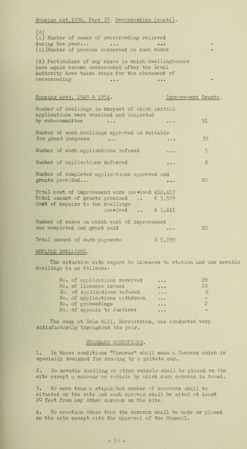 (c) (i) Number of oases of overcrowding relieved during the year... ... ..i (ii) Niiinber of persons concerned in such cases (d) Particulars of any cases in which dwellinghouses have again become overcrowded after the Lccal Authority have taken steps for the abatement of overcrowding ... ... Housing Acts, 1949 & 1954. Improvement Grants. Number of dwellings in respect of which initial applications were received and inspected by sub-committee ... ... Nmber of such dwvellings approved as suitable for grant purposes ... ... Number of such applications refused ... Number of applications deferred Nimiber of completed applications approved and grants provided... ... Total cost of improvement work inv-ilved £14,417 Total amount of grants promised .. £ 5,509 Cost of repairs to the dwellings involved .. £ 1,241 Number of cases in which work of improvement was completed and grant paid Total amount of such payments £ 5,759 51 38 5 8 20 20 MOVABLE ])\7ELLINGS. The situation with regard to Licences to station and use movable dwellings is as followss- No. of applications received ... 28 No. of licences issued ^.. 20 No of applications refused ... 8 No. of applications Vi/ithdrawn ... No. of proceedings ... 2 No. of appeals to Justices ... The camp at Holm Mill, Harrietsham, was conducted very satisfactorily throughout the year. STANDAHD CONDITIONS. 1. In these conditions Caravan shall mean a_Caravan which is specially designed for drawing by a private car. 2. No movable dwelling or other vehicle shall be placed on the site except a caravan or vehicle by which such caravan is towed. 3. No more than a stipule,ted nimber of caravans shall be situated on the site and each caravan shall be sited at least 2O feet from any other caravan on the site. 4. No erection other than the caravan shall be made or placed on the site except with the approval of the Council. 18 -