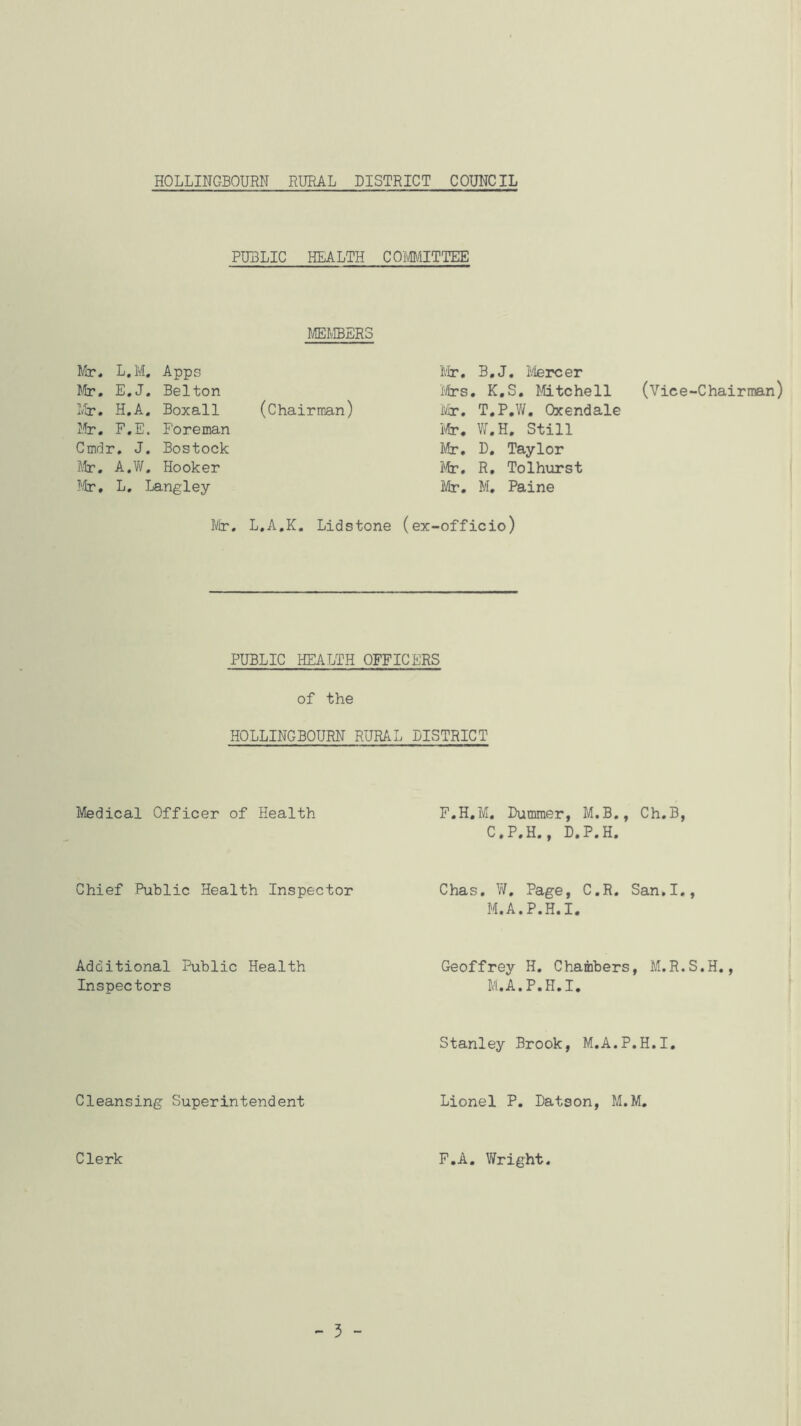 PUBLIC HEALTH COmttTTEE MEMBERS Mr. L.M, Apps Ivlr. B.J. J/Iercer Itr, E.J, Belton I'/trs . K.S. Mtchell Lir. H.A, Boxall (Chairman) 1^. T.P.V/. Oxendale J-tr. F.E. Foreman I'fr, W.H. Still Cmdr. J. Bostock Mr. D. Taylor Jir, A.V/, Hooker I'fe', R. Tolhurst }!ir, L, Langley Mr. M, Paine (Vice-Chairman) NJr. L.A.K. Lid stone (ex-officio) PUBLIC HEALTH OFFICERS of the HOLLINGBOURN RURAL DISTRICT Medical Officer of Health Chief Public Health Inspector Additional Public Health Inspectors Cleansing Superintendent F.H.M, Dummer, M.B., Ch.B, C.P.H., D.P.H. Chas, V\F, Page, C.R. San,I., M.A.P.H.I. Geoffrey H, Chambers, M.R.S.H., M.A.P.H.I. Stanley Brook, M.A.P.H.I. Lionel P. Datson, M.M, Clerk F.A. Wright