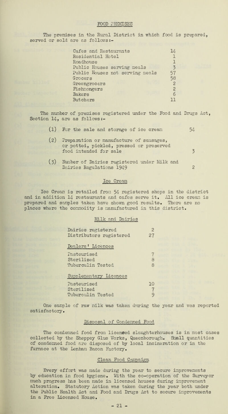 POOD PREinSES The premises in the Rural District in which food is prepared, served or sold are as follows Cafes and Restaurants I4 Residential Hotel 1 Roadhouse 1 Public Houses serving meals 3 Public Houses not serving meals 57 Grocers 58 Greengrocers 2 Fishmongers 2 Bakers 6 Butchers 11 The number of premises registered under the Food and Drugs Act, Section I4, are as follo?;s5- (1) For the sale and storage of ice cream 54 (2) Preparation or manufacture of sausages, or potted, pickled, pressed or preserved food intended for sale 3 (3) Humber of Dairies registered under Ivlilk and Dairies Regulations 1949 2 Ice Cream Ice Cream is retailed from 54 registered shops in the district and in addition I4 restaurants and cafes serve it, /PLl ice cream is prepared and samples taken have shovm good results. There are no places where the commodity is manufactured in this district, Ih-lk and Dairies Dairies registered 2 Distributors registered 27 Dealers * Licences Pasteurised 7 Sterilized 8 Tuberculin Tested 8 Supplementary Licences Pasteurised 10 Sterilized 7 Tuberculin Tested 9 One sample of raw milk was taken during the year and v/as reported satisfactory. Disposal of Condemned Food The condemned food from licensed sla\:ighterhouses is in most cases collected by the Sheppey Glue Works, Queenborough, Small quantities of condemned food c.re disposed of by local incineration or in the furnace at the Lenham Bacon Factory, Clean Food Campaign Every effort was made during the year to secure improvements by education in food hygiene, V/ith the co-operation of the Surveyor much progress has been made in licensed houses during improvement alteration. Statutory Action was taken during the year both under the Public Health Act and Pood and Drugs Act to secure imiprovements in a Free Licensed House, - 21 -