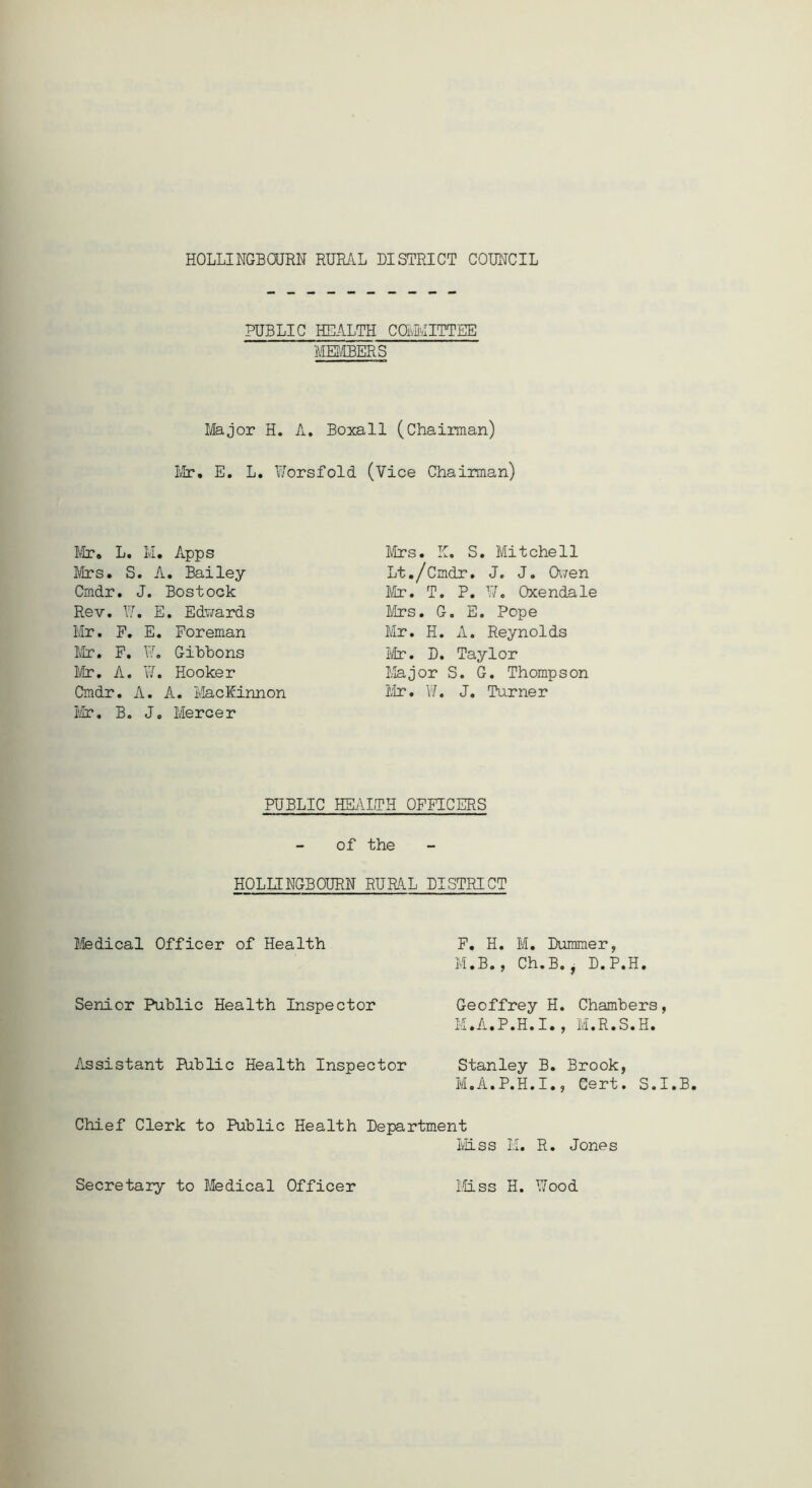 PUBLIC HEALTH COMMITTEE MEMBERS Major H. A. Boxall (Chairman) Mr. E. L. Worsfold (Vice Chairman) Mr. L. M. Apps Mrs. S. A. Bailey Cmdr. J. Bostook Rev. W. E. Edvards Mr. F. E. Foreman Mr. F. W. Gibbons Mr. A. W. Hooker Cmdr. A. A. MacKinnon Mr. B. J. Mercer Mrs. K. S. Mitchell Lt./Cmdr. J. J. Oven Mr. T. P. !7. Qxendale Mrs. G. E. Pope Mr. H. A. Reynolds Mr. D. Taylor Major S. G. Thompson Mr. W. J. Turner PUBLIC HEALTH OFFICERS of the HOLLINGBOURN RURAL DISTRICT Medical Officer of Health Senior Public Health Inspector F. H. M. Dummer, M.B., Ch.B., D.P.H. Geoffrey H. Chambers, M.A.P.H.I., M.R.S.H. Assistant Public Health Inspector Stanley B. Brook, M.A.P.H.I., Cert. S.I.B. Chief Clerk to Public Health Department Miss M. R. Jones Secretary to Medical Officer Miss H. Wood