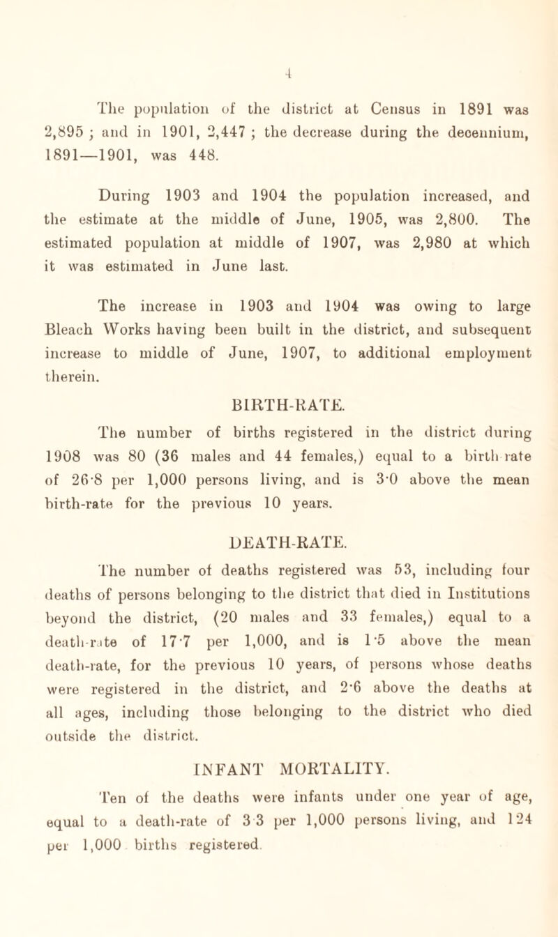The population of the district at Census in 1891 was 2,895 ; and in 1901, 2,447 ; the decrease during the deoeunium, 1891—1901, was 448. During 1903 and 1904 the population increased, and the estimate at the middle of June, 1905, was 2,800. The estimated population at middle of 1907, was 2,980 at which it was estimated in June last. The increase in 1903 and 1904 was owing to large Bleach Works having been built in the district, and subsequent increase to middle of June, 1907, to additional employment therein. BIRTH-RATE. The number of births registered in the district during 1908 was 80 (36 males and 44 females,) equal to a birth rate of 26’8 per 1,000 persons living, and is 3'0 above the mean birth-rate, for the previous 10 years. DEATH-RATE. The number of deaths registered was 53, including four deaths of persons belonging to the district that died in Institutions beyond the district, (20 males and 33 females,) equal to a death-rate of 177 per 1,000, and is R5 above the mean death-rate, for the previous 10 years, of persons whose deaths were registered in the district, and 2‘6 above the deaths at all ages, including those belonging to the district who died outside the district. INFANT MORTALITY. Ten of the deaths were infants under one year of age, equal to a death-rate of 3 3 per 1,000 persons living, and 124 per 1,000 births registered.
