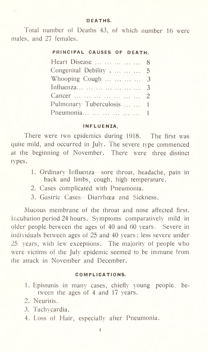 DEATHS. Total number of Deaths 43, of which number 16 were males, and 27 females. PRINCIPAL CAUSES OF DEATH. Heart Disease 8 Congenital Debility 5 Whooping Cough 3 Influenza 3 Cancer 2 Pulmonary Tuberculosis 1 Pneumonia 1 INFLUENZA. There were two epidemics during 1918. The first was quite mild, and occurred in July. The severe type commenced at the beginning of November. There were three distinct types. 1. Ordinary Influenza sore throat, headache, pain in back and limbs, cough, high temperature. 2. Cases complicated with Pneumonia. 3. Gastric Cases Diarrhoea and Sickness. Mucous membrane of the throat and nose affected first, incubation period 24 hours. Symptoms comparatively mild in older people between the ages of 40 and 60 years. Severe in individuals between ages of 25 and 40 years; less severe under 25 years, with few exceptions. The majority of people who were victims of the July epidemic seemed to be immune from the attack in November and December. COMPLICATIONS. 1. Epistunis in many cases, chiefly young people, be- tween the ages of 4 and 17 years. 2. Neuritis. 3. Tachycardia. 4. Loss of Hair, especially after Pneumonia. t