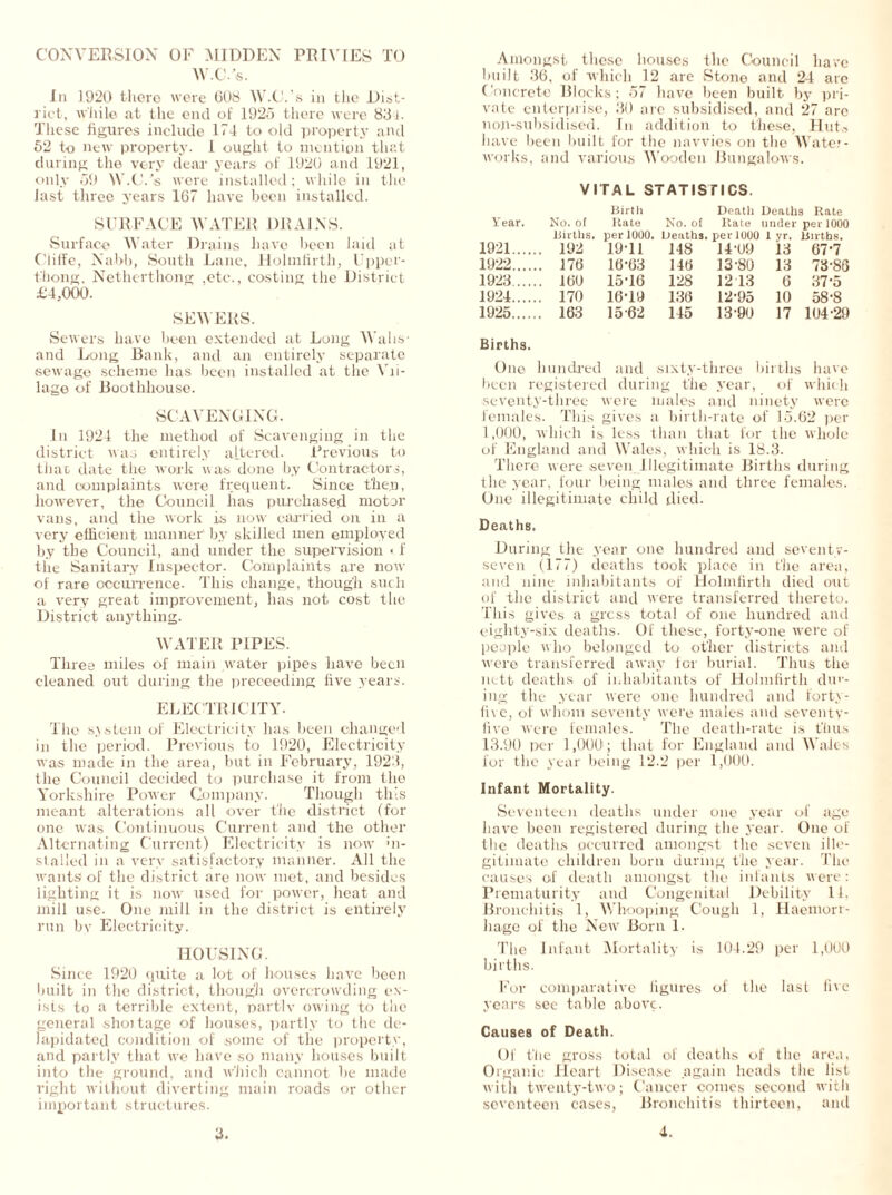 CONVERSION OF MIDDEN FIt IVIES TO W.C.’s. In 3920 there were 608 W.C.’s in the Dist- rict, while at the end of .1925 there were 83i. These figures include 174 to old property and 52 to new property. 1 ought to mention that during the very dear years of 1920 and 1921, only 59 W.C.’s were installed; while in the last three years 167 have been installed. SURFACE WATER DRAINS. Surface Water Drains have been laid at C'liffe, Nabb, South Lane, Holmfirth, Upper- thong, Netherthong ,etc., costing the District £4,000. SEWERS. Sewers have been extended at Long AValis- and Long Bank, and an entirely separate sewage scheme has been installed at the Vil- lage of Boothhouse. SCAVENGING. In 1924 the method of Scavenging in the district was entirely altered. Previous to time date the work was done by Contractors, and complaints were frequent. Since then, however, the Council lias purchased motor vans, and the work is now carried on in a very efficient manner by skilled men employed by tbe Council, and under the supervision < f the Sanitary Inspector. Complaints are now of rare occurrence- This change, though such a very great improvement, has not cost the District anything. WATER PIPES. Three miles of main water pipes have been cleaned out during the proceeding five years. ELECTRICITY. The sjstem of Electricity has been changed in the period. Previous to 1920, Electricity was made in the area, but in February, 1923, the Council decided to purchase it from the Yorkshire Power Company. Though this meant alterations all over the district (for one was Continuous Current and the other Alternating Current) Electricity is now in- stalled in a very satisfactory manner. All the wants of the district are now met, and besides lighting it is now used for power, heat and mill use. One mill in the district is entirely run by Electricity. HOUSING. Since 1920 quite a lot of houses have been built in the district, though overcrowding c\- ists to a terrible extent, partly owing to the general shoitage of houses, partly to the de- lapidated condition of some of the property, and partly that we have so many houses built into the ground, and which cannot be made right without diverting main roads or other important structures. Amongst these houses the Council have built 36, of which 12 are Stone and 24 are Concrete Blocks; 57 have been built by pri- vate enterprise, 30 arc subsidised, and 27 arc non-subsidised. In addition to these, Hut., have been built for the navvies on the Water- works, and various Wooden Bungalows. VITAL STATISTICS. Birth Death Deaths Rate Year. No. of Hate No. of llate under per 1000 Births. per 1000. Deaths, per 1000 1 yr. Births. 1921 192 19-11 148 14'09 13 67-7 1922 176 16-63 146 13-80 13 73-86 1923 160 15-16 128 12 13 6 37-5 1924 170 16-19 136 12-95 10 58-8 1925 163 15-62 145 13-90 17 104-29 Births. One 1 iu wired and sixty-three births have been registered during the year, of which seventy -three were males and ninety were females . Tli i. gives a birth -rate of 15.62 per 1,000, which is j less than that for the whole of England and Wales, which is 18.3. There were seven Illegitimate Births during the year, four being males and three females. One illegitimate child died. Deaths. During the year one hundred and seventy- seven (177) deaths took place in the area, and nine inhabitants of Holmfirth died out of the district and were transferred thereto. This gives a gross total of one hundred and eighty-six deaths. Of these, forty-one were of people who belonged to other districts and were transferred away for burial. Thus the nett deaths of inhabitants of Holmfirth dur- ing the year were one hundred and forty- five, of whom seventy were males and seventy- five were females. The death-rate is thus 13.9U per 1,060; that for England and Wales for the year being 12.2 per 1,000. Infant Mortality. Seventeen deaths under one year of age have been registered during the year. One of the deaths occurred amongst the seven ille- gitimate children born during the year. The causes of death amongst the infants were: Prematurity and Congenital Debility 11. Bronchitis 1, Whooping Cough 1, Haemorr- hage of the New Born 1. The Infant Mortality is 104.29 per 1,000 births. For comparative figures of the last five years see table above. Causes of Death. Of the gross total of deaths of the area, Organic Heart Disease again heads the list with twenty-two; Cancer comes second with seventeen cases, Bronchitis thirteen, and