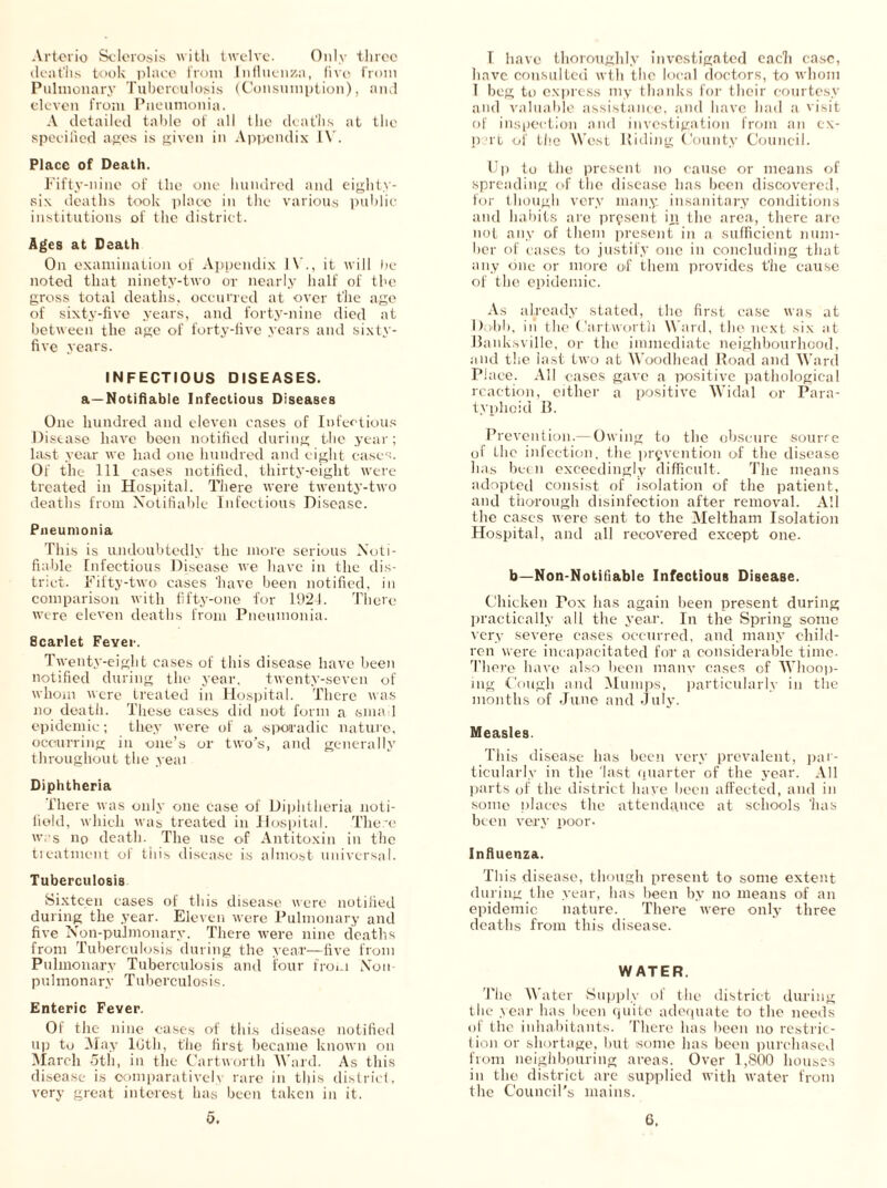 Arterio Sclerosis with twelve. Only three deaths took place from Influenza, five from Pulmonary Tuberculosis (Consumption), and eleven from Pneumonia. A detailed table of all the deaths at the specified ages is given in Appendix IV. Place of Death. Fifty-nine of the one hundred and eighty- six deaths took place in the various public institutions of the district. Ages at Death On examination of Appendix IV., it will he noted that ninety-two or nearly half of the gross total deaths, occurred at over the age of sixty-five years, and forty-nine died at between the age of forty-five years and sixty- five years. INFECTIOUS DISEASES. a—Notifiable Infectious Diseases One hundred and eleven cases of Infectious Disease have been notified during the year; last year we had one hundred and eight cases. Of the 111 cases notified, thirty-eight were treated in Hospital. There were twenty-two deaths from Notifiable Infectious Disease. Pneumonia This is undoubtedly the more serious Noti- fiable Infectious Disease we have in the dis- trict. Fifty-two cases have been notified, in comparison with fifty-one for 1924. There were eleven deaths from Pneumonia. 8carlet Fever. Twenty-eight cases of this disease have been notified during the year, twenty-seven of whom were treated in Hospital. There was no death. These cases did not form a small epidemic; they were of a sporadic nature, occurring in one’s or two’s, and generally throughout the yeai Diphtheria There was only one case of Diphtheria noti- lield, which was treated in Hospital. There was no death. The use of Antitoxin in the treatment of this disease is almost universal. Tuberculosis Sixteen cases of this disease were notified during the year. Eleven were Pulmonary and five Non-puJmonary. There were nine deaths from Tuberculosis during the year—five from Pulmonary Tuberculosis and four from Non pulmonary Tuberculosis. Enteric Fever. Of the nine cases of this disease notified up to May 10th, the first became known on March 5th, in the Cartworth Ward. As this disease is comparatively rare in this district, very great interest has been taken in it. 5. I have thoroughly investigated each case, have consulted wth the local doctors, to whom I beg to express my thanks for their courtesy and valuable assistance, and have had a visit of inspection and investigation from an ex- pert of the West Riding County Council. Up to tlie present no cause or means of spreading of the disease has been discovered, for though very many, insanitary conditions and habits are present in the area, there are not any of them present in a sufficient num- ber of cases to justify one in concluding that any one or more of them provides the cause of the epidemic. As already stated, the first case was at Robb, in the Cartworth Ward, the next six at Banksville, or the immediate neighbourhood, and the last two at Wooclhead Road and Ward Place. All cases gave a positive pathological reaction, either a positive Widal or Para- typhoid B. Prevention.— Owing to the obscure sourre of the infection, the prevention of the disease has been exceedingly difficult. The means adopted consist of isolation of the patient, and thorough disinfection after removal. All the cases were sent to the Meltham Isolation Hospital, and all recovered except one. b—Non-Notifiable Infectious Disease. Chicken Pox has again been present during practically all the year. In the Spring some very severe cases occurred, and many child- ren were incapacitated for a considerable time. There have also been many cases of Whoop- ing Cough and Mumps, particularly in the months of June and July. Measles. This disease has been very prevalent, par- ticularly in the last quarter of the year. All parts of the district have been affected, and in some places the attendance at schools has been very poor. Influenza. This disease, though present to some extent during the year, has been by no means of an epidemic nature. There were only three deaths from this disease. WATER. The Water Supply of the district during the .year has been quite adequate to the needs of the inhabitants. There lias been no restric- tion or shortage, but some lias been purchased from neighbouring areas. Over 1,800 houses in the district are supplied with water from the Council’s mains. 6,