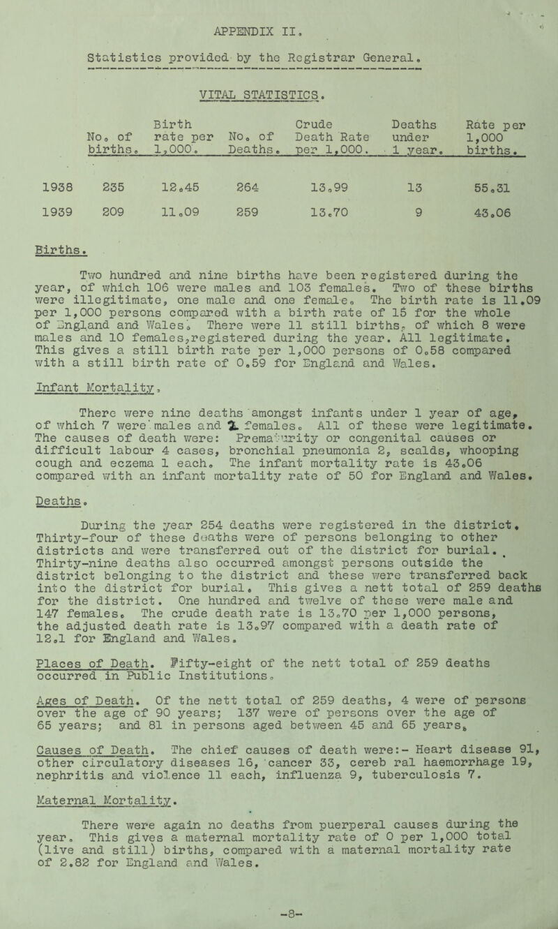 «•/ Statistics provided by the Registrar General, VITAL STATISTICS. No. of births 0 Birth rate per 1,000 o No, of Deaths. Crude Death Rate per 1,000. Deaths under • 1 year. Rate per 1,000 births. 1938 235 12.45 264 13.99 13 55,31 1939 209 11.09 259 13e70 9 43.06 Births • Tv/o hundred and nine births have been registered during the year, of which 106 were males and 103 females. Two of these births were illegitimate, one male and one femaleo The birth rate is 11.09 per 1,000 persons compared with a birth rate of 16 for the whole of England and Wales. There were 11 still births, of which 8 were males and 10 females,registered during the year. All legitimate. This gives a still birth rate per 1,000 persons of 0.58 compared with a still birth rate of 0,59 for England and Wales. Infant Mortality, There were nine deaths amongst infants under 1 year of age, of which 7 were’males and % femaleso All of these were legitimate. The causes of death were: Prematurity or congenital causes or difficult labour 4 cases, bronchial pneumonia 2, scalds, whooping cough and eczema 1 each. The infant mortality rate is 43.06 compared with an infant mortality rate of 50 for England and Wales, Deaths. During the year 254 deaths were registered in the district. Thirty-four of these deaths v/ere of persons belonging to other districts and were transferred out of the district for burial. Thirty-nine deaths also occurred amongst persons outside the district belonging to the district and these were transferred back into the district for burial. This gives a nett total of 259 deaths for the district. One hundred and twelve of these were male and 147 females. The crude death rate is 13.70 per 1,000 persons, the adjusted death rate is 13.97 compared with a death rate of 12.1 for England and Wales, Places of Death, fifty-eight of the nett total of 259 deaths occurred in Public Institutions. Ages of Death. Of the nett total of 259 deaths, 4 were of persons over the age of 90 years; 137 were of persons over the age of 65 years; and 81 in persons aged between 45 and 65 years^ Causes of Death. The chief causes of death were:- Heart disease 91, other circulatory diseases 16, cancer 33, cereb ral haemorrhage 19, nephritis and violence 11 each, influenza 9, tuberculosis 7. Maternal Mortality, There were again no deaths from puerperal causes during the year. This gives a maternal mortality rate of 0 per 1,000 total (live and still) births, compared with a maternal mortality rate of 2.82 for England and Wales. -8-