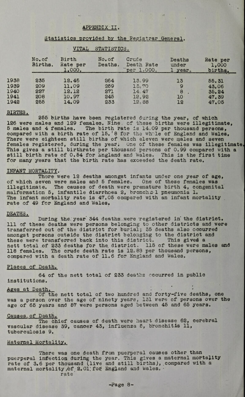 •<T. Statistics provided b.v the Registrar General. VITAL STATISTICS, No. of Births. Birth Rate per 1.000. No. of Deaths. Crude Death Rate per 1,000* Deaths under 1 year. Rate per 1,000 births. 1938 235 12.45 264 13c 99 13 55.31 1939 209 11.09 269 15c 70 9 43,06 1940 227 12.12 271 14 47 8 35.24 1941 208 10.97 245 12,92 10 47.39 1942 BIRTHS. 255 14.09 233 12. 88 12 47,05 255 births have been registered during the year, of which 126 were males and 129 femalea. Nine, cf these births were illegitimate, 5 males and 4 females. The birth rate is 14,09 per thousand persons, compared with a birth rate of 15,'8 for the wlrle of England and Wales, There were eighteen still births of which eleven were males and seven females registered, during the year* One of these females was illegitimate, This gives a still birthrate per thousand persons of 0.99 compared with a still birth rate of 0.54 for England and Wales. This is the first time for many years that the birth rate has exceeded the death rate. INFANT MORTALITY. j Thore were 12 deaths amongst infants under one year of age, of which seven were males and 5 females. One of these females was illegitimate. The causes of death were premature birth 4, congenital malformation 5, infantile diarrhoea 2, bronchi 1 pneumonia 1. The infant mortality rate is 47.05 compared with an infant mortality . rate of 49 for England and Wales, DEATHS. During the. year- 344 deaths..were 'registered in the district, 111 of these deaths were persons belonging to other districts and were transferred out of the district for burial; 35 deaths also occurred amongst persons outside the district belonging to the district and these were transferred back into this district. This gived a nett total of 233 deaths for the, district. 115 of these were males and 118 females. The crude death rate is 12,83 per thousand persons, compared with a death rate of 11.6 for England and Wales. Places of Death. 64 of the nett total of 233 deaths occurred in public institutions. Ages at Death. - Of the nett total of two hundred and forty-five deaths, one was a person over the age of ninety years. 131 were of persons over the age of 65 years and 57 were persons aged between 45 and 65 years. Causes, of Death, The chief causes of death were heart disease 62, cerebral vascular disease 39, cancer 43, influenza 5, bronchitis 11, tuberculosis 9. Maternal Mortality. There was one death from puerperal causes other than puerperal infection during the year. This gives a maternal mortality rate of 3.6 per thousand (live and still births),.compared with a maternal mortality/bf 2. 011 for} England and Wales, • rate ’