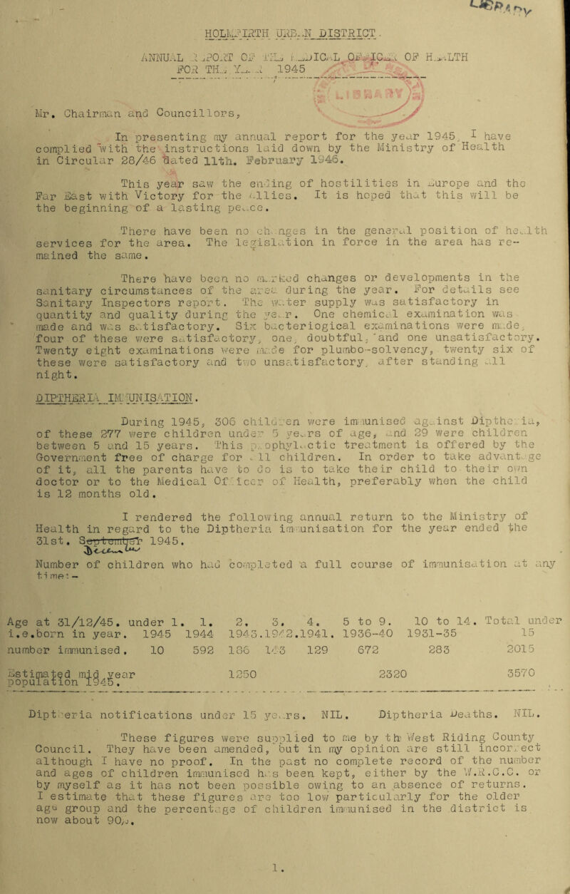 ^OLIWJlIxiTIi URB..N DISTRICT . annual a ^?0.iT OA ILL. r._.AlC.-vL^OiiVIGLA OF H.^^LTH FOA TIL. Y_.-A 1945 ' * Mr. Ghairmcin. and Gouncillors, In presenting m^?- annual report for the 5^ear 1945. ^ have complied with the' instructions laid down by the Ministry of Health in Circular 28/46 Hated llth. February 1946. This year saw the ending of hostilities in ...urope and the Far East with Victory for the f-llies. It is hoped that this will be the beginning of a lasting pcv-ce. There have been no ch...nges in the genej^al position of he...1th ( services for the area. The legislation in force in the area has re- mained the same. * , There have been no m..rhed changes or developments in the sanitary circumstances of the arse, during the year. For details see I Sanitary Inspectors report. The vn.ter supply was satisfactory in I quantity and quality during the ^'’e. r. One chemicc.l examination was i7ia.de and was s^.tisfactory. Si.x bacteriogical examinations were im.de; four of these V7ere sc.tisfactorj^, one. doubtful;'and one unsatisfactory. Twenty eight examinations were niade for plumbo-solvency, twenty six of these were satisfactory and tv/O unsatisfactory, after standing ..11 night. I LIPTHERLi IM2-UNISATI0N. During 1945; 506 children were im^/iunised ag..inst Diptho . ia, of these 277 w^ere children under 5 ye^.rs of age, and 29 were children between 5 and 15 years. This p;. ophylc^ctic treatment is offered by the Government free of charge for ..11 children. In order to take advant. ge of it, all the parents have to do is to take their child to their own doctor or to the Medical Ofliccr of Health, preferably when the child is 12 months old. I I rendered the following annual return to the Ministr3?- of Health in regard to the Diptheria iimrunisation for the year ended the 31st. SepirerntTST- 1945. Number of children who had cornpleted ‘a full course of immunisation at any t i me I ~ Age at 31/12/45. under 1 . 1. 2, 3. 4. 5 to 9. 10 to 14. Tot al under i.e.born in year. 1945 1944 1943 .1942. 1941. 1936-40 1931-35 15 number immunised. 10 592 186 143 129 672 283 2015 Estimatqd mid year population 1945. 1250 2320 3570 Diptaeria notifications und( 3r 15 3''e...rs . NIL. Diptheria A>eaths. NIL. These figures were supplied to me by th' V/est Riding County Council. The.y have been amended,but in my opinion are still incorrect although I have no proof. In the past no complete record of the number and ages of children imi'iiunisod ha.s been kept, either by the V/.R.C.C. or by myself as it has not been possible ovt^ing to an absence of returns. I estimate that these figures are too low particularly for the older agt> group and the percentage of children immunised in the district is now about 90/j.