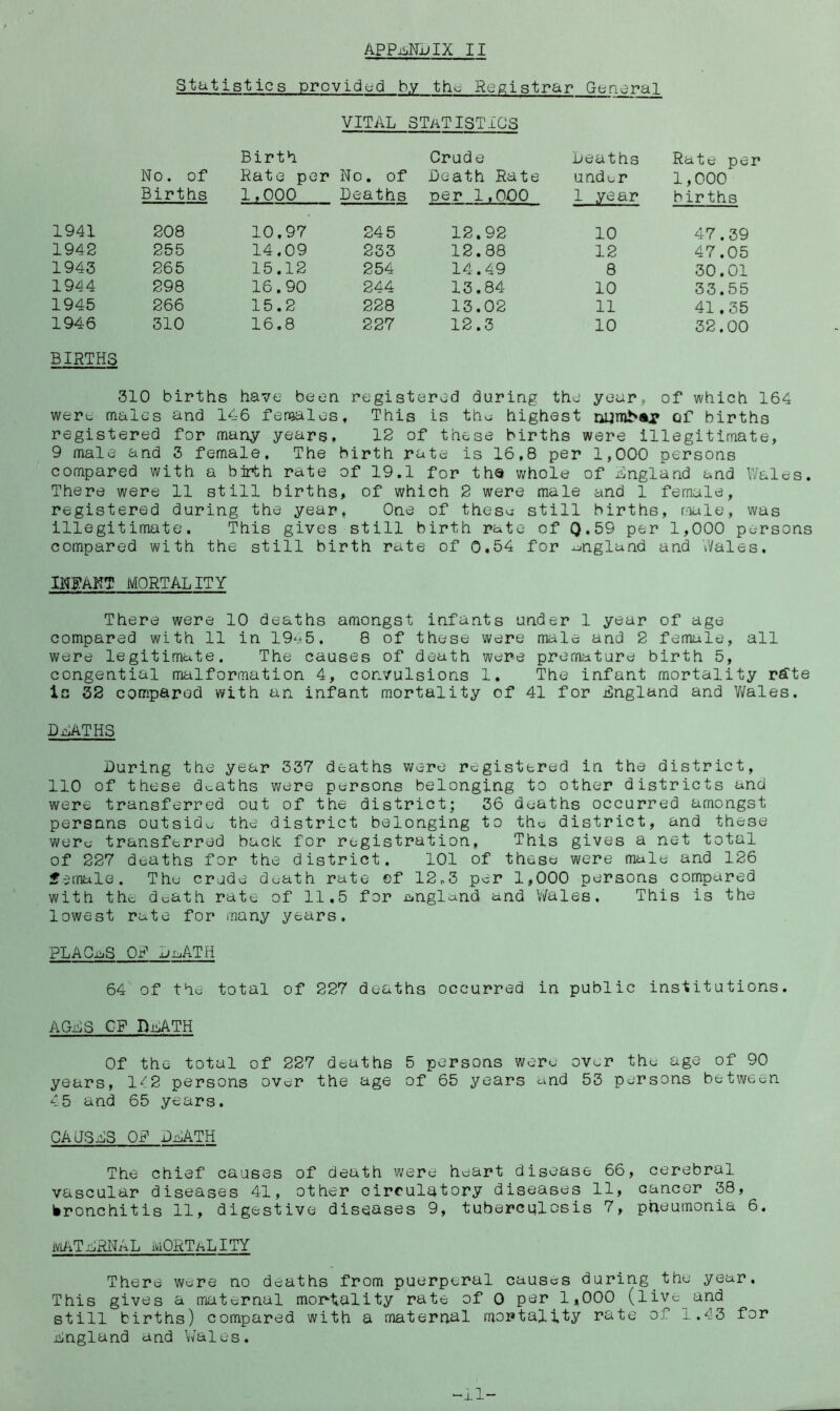 Statistics provided bv ■ the Registrar General No. of Births Birth Rate per 1,000 VITAL 3T/iTISTiCS Crude No. of Leath Rate Deaths per 1.000 Deaths under 1 year Rate per 1,000 births 1941 208 10.97 245 12.92 10 47.39 1942 255 14.09 233 12.88 12 47.05 1943 265 15.12 254 14.49 8 30.01 1944 298 16.90 244 13.84 10 33.55 1945 266 15.2 228 13.02 11 41.35 1946 310 16,8 227 12.3 10 32.00 BIRTHS 310 births have been regist ered during the year, of which 164 were males and 1 .46 feriales , This is tho highest numbar of births registered for many years. 12 of these births were illegitimate, 9 male and 3 female. The birth rate is 16,8 per 1,000 persons compared with a birth rate of 19.1 for tho whole of England and Wales. There were 11 still births, of which 2 were male and 1 female, registered during the year, One of thesu still births, male, was illegitimate. This gives still birth rate of 0.59 per 1,000 persons compared with the still birth rate of 0.54 for -^^ngland and Wales. INFANT MORTALITY There were 10 deaths amongst infants under 1 year of age compared with 11 in 19‘.+ 5. 8 of these were male and 2 female, all were legitimate. The causes of death were premature birth 5, congential malformation 4, convulsions 1. The infant mortality r^te is 32 compared with an infant mortality of 41 for jSngland and Wales. DEATHS Luring the year 337 deaths were registered in the district, 110 of these d<-aths were persons belonging to other districts and were transferred out of the district; 36 deaths occurred amongst persons outside' the district belonging to tho district, and these were transferred back for registration, This gives a net total of 227 deaths for the district. 101 of these were male and 126 female. The crude death rate of 12.3 per 1,000 persons compared with the death rate of 11,5 for Jijngland and V/ales, This is the lowest rate for many years. PLAGieS OP Li^ATH 64 of the total of 227 deaths occurred in public institutions. AGLSGPDlATH Of the total of 227 deaths 5 persons were over the age of 90 years, 142 persons over the age of 65 years and 53 persons between 45 and 65 years. CAJSLS OP LLATH The chief causes of death were heart disease 66, cerebral vascular diseases 41, other circulatory diseases 11, cancer 38, bronchitis 11, digestive diseases 9, tuberculosis 7, pneumonia 6. iviATLRNAL mORTaL ITY There were no deaths from puerperal causes during the year. This gives a maternal mor^tality rate of 0 per 1,000 (live and still births) compared with a maternal mortality rate of i.43 for England and \i/ales. -xl-