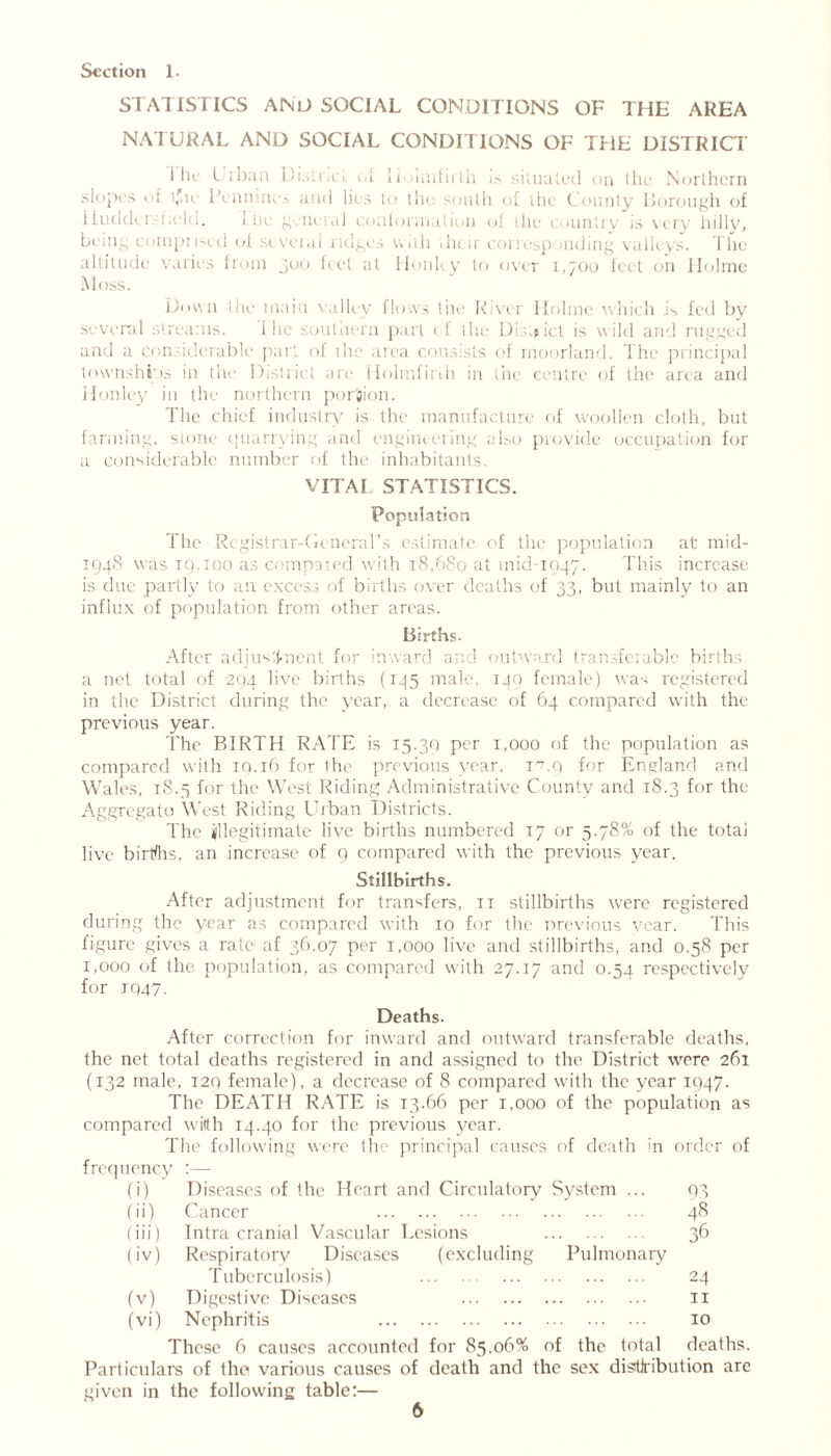 STATISTICS AND SOCIAL CONDITIONS OF THE AREA NATURAL AND SOCIAL CONDITIONS OF THE DISTRICT i lie Urban District of Iiulmfirlh is situated on the Northern slopes of ijhe Pennines and lies to the south of the County Borough of Huddersfield. 1 he general conformation of the country is \ery hilly, being computed of seveial ridges with their corresp aiding valleys. T he altitude varies from 500 feet at Honley to over 1,700 feet on Holme Moss. Dow n the main valley flows the River Holme which is fed by several streams. i he southern part < f the District is wild and rugged and a considerable part of the area consists of moorland. The principal townships in the District are Holmfirlh in the centre of the area and Honley in the northern portion. The chief industry is the manufacture of woollen cloth, but farming, stone quarrying and engineering also piovide occupation for a considerable number of the inhabitants. VITAL STATISTICS. Population The Registrar-General's estimate of the population at mid- 194S was 19,too as compared with 18,680 at mid-1947. This increase is due partly to an excess of births over deaths of 33, but mainly to an influx of population from other areas. Births. After adjustment for inward and outward transferable births a net total of 294 live births (145 male, 149 female) was registered in the District during the year, a decrease of 64 compared with the previous year. The BIRTH RATE is 15.39 per 1,000 of the population as compared with iq.16 for ihe previous year, 1^.9 for England and Wales, 18.5 for the West Riding Administrative County and 18.3 for the Aggregate West Riding Urban Districts. The illegitimate live births numbered 17 or 5.78% of the totai live birtTis, an increase of 9 compared with the previous year. Stillbirths. After adjustment for transfers, 11 stillbirths were registered during the year as compared with 10 for the previous year. This figure gives a rate af 36.07 per 1,000 live and stillbirths, and 0.58 per 1,000 of the population, as compared with 27.17 and 0.54 respectively for JQ47. Deaths. After correction for inward and outward transferable deaths, the net total deaths registered in and assigned to the District were 261 (132 male, 120 female), a decrease of 8 compared with the year 1947. The DEATH RATE is 13.66 per 1,000 of the population as compared witth 14.40 for the previous year. The following were the principal causes of death m order of frequency :— (i) Diseases of the Heart and Circulatory System ... 93 (ii) Cancer 48 (iii) Intra cranial Vascular Lesions 36 (iv) Respiratory Diseases (excluding Pulmonary Tuberculosis) 24 (v) Digestive Diseases 11 (vi) Nephritis 10 Those 6 causes accounted for 85.06% of the total deaths. Particulars of the various causes of death and the sex distribution are given in the following table:—