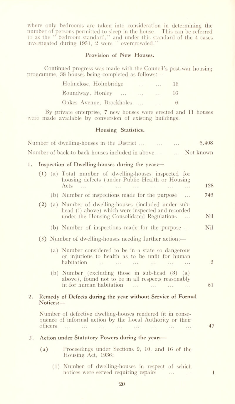 where only bedrooms are taken into consideration in determining the number of persons permitted to sleep in the house. This can be referred in as the “ bedroom standard,” and under this standard of the 4 cases investigated during 1951, 2 were “ overcrowded.” Provision of New Houses. Continued progress was made with the Council’s post-war housing programme, 38 houses being completed as follows:— Holmclose, Holmbridge ... ... 16 Roundway, Honley ... ... ... 16 Oakes Avenue, Brockholes ... ... 6 By private enterprise, 7 new houses were erected and 11 houses were made available by conversion of existing buildings. Housing Statistics. Number of dwelling-houses in the District ... ... ... 6,408 Number of back-to-back houses included in above ... ... Not-known 1. Inspection of Dwelling-houses during the year:— (1) (a) Total number of dwelling-houses inspected for housing defects (under Public Health or Housing Acts 128 (b) Number of inspections made for the purpose ... 746 (2) (a) Number of dwelling-houses (included under sub- head (i) above) which were inspected and recorded under the Housing Consolidated Regulations ... Nil (b) Number of inspections made for the purpose ... Nil (3) Number of dwelling-houses needing further action:— (a) Number considered to be in a state so dangerous or injurious to health as to be unlit for human habitation ... ... ... ... ... ... 2 (b) Number (excluding those in sub-head (3) (a) above), found not to be in all respects reasonably fit for human habitation ... ... ... ... 51 2. Remedy of Defects during the year without Service of Formal Notices:— Number of defective dwelling-houses rendered lit in conse- quence of informal action by the Local Authority or their officers ... ... ... ... ... ... ... ... 47 3. Action under Statutory Powers during the year:— (a) Proceedings under Sections 9, 10, and 16 of the Housing Act, 1936: (1) Number of dwelling-houses in respect of which notices were served requiring repairs ... ... 1