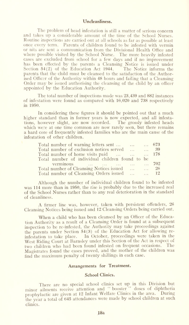 Uncleanliness. I he problem of head infestation is still a matter of serious concern and takes up a considerable amount of the time of the School Nurses. Routine inspections are carried out at all schools as far as possible at least once every term. Parents of children found to be infested with vermin or nits are sent a communication from the Divisional Health Office and where possible visited by the School Nurse. The more heavily infested cases are excluded from school for a few days and if no improvement has been effected bv the parents a Cleansing Notice is issued under Section 54(2) of the Education Act 1944. The Notice informs the parents that the child must be cleansed to the satisfaction of the Author- ised Officer of the Authority within 48 hours and failing that a Cleansing Order may be issued authorising the cleansing of the child by an officer appointed by the Education Authority. The total number of inspections made was 23,439 and 882 instances of infestation were found as compared with 16,020 and 738 respectively in 1950. In considering these figures it should be pointed out that a much higher standard than in former years is now expected, and all infesta- tions, however slight, are now recorded. The grossly infested heads which were at one time common are now rarely seen, but there remains a hard core of frequently infested families who are the main cause of the infestation of other children. Total number of warning letters sent ... ... ... 673 Total number of exclusion notices served ... ... 39 Total number of home visits paid ... ... ... 178 Total number of individual children found to be verminous ... ... ... ... ... 702 Total number of Cleansing Notices issued ... ... 26 Total number of Cleansing Orders issued 12 Although the number of individual children found to be infested was 114 more than in 1950, the rise is probably due to the increased zeal of the School Nurses rather than to any real deterioration in the standard of cleanliness. A firmer line was, however, taken with persistent offenders, 26 Cleansing Notices being issued and 12 Cleansing Orders being carried out. When a child who has been cleansed by an Officer of the Educa- tion Authority as a result of a Cleansing Order is found at a subsequent inspection to be re-infested, the Authority may take proceedings against the parents under Section 54(3) of the Education Act for allowing re- infestation to take place. In October, proceedings were taken in the West Riding Court at Barnsley under this Section of the Act in respect of two children who had been found infested on frequent occasions. The Magistrates found the cases proved, and the mother of the children was find the maximum penalty of twenty shillings in each case. Arrangements for Treatment. School Clinics. There are no special school clinics set up in this Division but minor ailments receive attention and “ booster ” doses of diphtheria prophylactic are given at 12 Infant Welfare Clinics in the area. During the year a total of 645 attendances were made by school children at such clinics. 18a