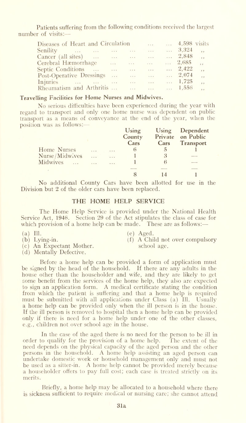 Patients suffering from the following conditions received the largest number of visits:— Diseases of Heart and Circulation ... 4,598 Senility ... 3,324 Cancer (all sites) ... 2,848 Cerebral Haemorrhage ... 2,685 Septic Conditions ... 2,422 Post-Operative Dressings ... 2,074 Injuries ... 1,725 Rheumatism and Arthritis ... 1,556 Travelling Facilities for Home Nurses and Midwives. No serious difficulties have been experienced during the year with regard to transport and only one home nurse was dependent on public transport as a means of conveyance at the end of the year, when the position was as follows:— Using Using Dependent County Private on Public Cars Cars Transport Home Nurses 6 5 1 Nurse /Midwives 1 3 — Midwives 1 6 —- 8 14 1 No additional County Cars have been allotted for use in the Division but 2 of the older cars have been replaced. THE HOME HELP SERVICE The Home Help Service is provided under the National Health Service Act, 1948. Section 29 of the Act stipulates the class of case for which provision of a home help can be made. These are as follows:— (a) 111. (e) Aged. (b) Lying-in. (f) A Child not over compulsory (c) An Expectant Mother. school age. (d) Mentally Defective. Before a home help can be provided a form of application must be signed by the head of the household. If there are any adults in the house other than the householder and wife, and they are likely to get some benefit from the services of the home help, they also are expected to sign an application form. A medical certificate stating the condition from which the patient is suffering and that a home help is required must be submitted with all applications under Class (a) 111. Usually a home help can be provided only when the ill person is in the house. If the ill person is removed to hospital then a home help can be provided only if there is need for a home help under one of the other classes, e.g., children not over school age in the house. In the case of the aged there is no need for the person to be ill in order to qualify for the provision of a home help. The extent of the need depends on the physical capacity of the aged person and the other persons in the household. A home help assisting an aged person can undertake domestic work or household management only and must not be used as a sitter-in. A home help cannot be provided merely because a householder offers to pay full cost; each case is treated strictly on its merits. Briefly, a home help may be allocated to a household where there is sickness sufficient to require medical or nursing care; she cannot attend 31a