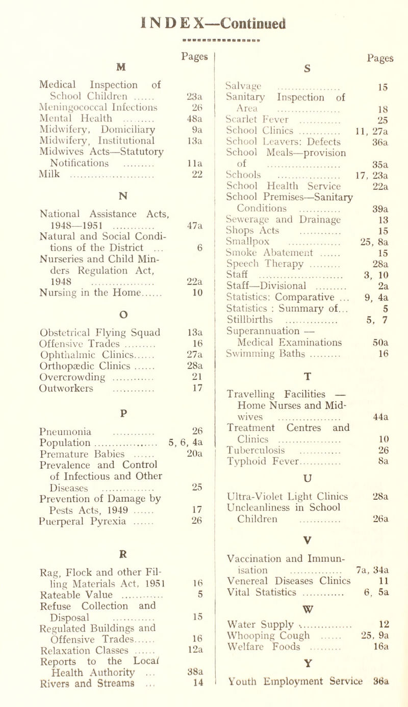 Pages M Medical Inspection of School Children 23a Meningococcal Infections 26 Mental Health 48a Midwifery, Domiciliary 9a Midwifery, Institutional 13a Midwives Acts—Statutory Notifications 11a Milk 22 N National Assistance Acts, 194S—1951 47a Natural and Social Condi- tions of the District ... 6 Nurseries and Child Min- ders Regulation Act, 1948 22a Nursing in the Home 10 O Obstetrical Flying Squad 13a Offensive Trades 16 Ophthalmic Clinics 27a Orthopaedic Clinics 28a Overcrowding 21 Outworkers 17 P Pneumonia 26 Population 5, 6, 4a Premature Babies 20a Prevalence and Control of Infectious and Other Diseases 25 Prevention of Damage by Pests Acts, 1949 17 Puerperal Pyrexia 26 R Rag, Flock and other Fil- ling Materials Act, 1951 16 Rateable Value 5 Refuse Collection and Disposal 15 Regulated Buildings and Offensive Trades 16 Relaxation Classes 12a Reports to the Local Health Authority ... 38a Rivers and Streams ... 14 Pages S Salvage 15 Sanitary Inspection of Area 18 Scarlet Fever 25 School Clinics 11, 27a School Leavers: Defects 36a School Meals—provision of 35a Schools 17, 23a School Health Service 22a School Premises—Sanitary Conditions 39a Sewerage and Drainage 13 Shops Acts 15 | Smallpox 25, 8a Smoke Abatement 15 Speech Therapy 28a ! Staff 3, 10 Staff—Divisional 2a Statistics: Comparative ... 9, 4a Statistics : Summary of... 5 Stillbirths 5, 7 Superannuation — Medical Examinations 50a Swimming Baths 16 T Travelling Facilities — Home Nurses and Mid- wives 44a Treatment Centres and Clinics 10 Tuberculosis 26 Typhoid Fever 8a U Ultra-Violet Light Clinics 28a Uncleanliness in School Children 26a V Vaccination and Immun- isation 7a, 34a Venereal Diseases Clinics 11 Vital Statistics 6, 5a W Water Supply 12 Whooping Cough 25, 9a Welfare Foods 16a Y Youth Employment Service 36a