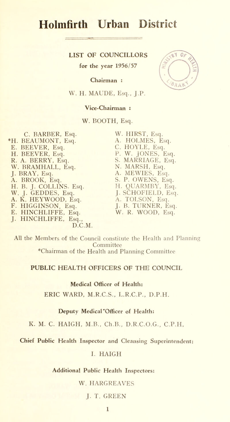 Holmfirth Urban District LIST OF COUNCILLORS for the year 1956/57 Chairman : W. H. MAUDE, Esq., J.P. Vice-Chairman : W. BOOTH, Esq. C. BARBER, Esq. *H. BEAUMONT, Esq. E. BEEVER, Esq. H. BEEVER, Esq. R. A. BERRY, Esq. W. BRAMHALL, Esq. J. BRAY, Esq. A. BROOK, Esq. H. B. J. COLLINS, Esq. W. J. GEDDES, Esq. A. K. HEYWOOD, Esq. F. HIGGINSON, Esq. E. HINCHLIFFE, Esq. J. HINCHLIFFE, Esq., D.C.M. W. HIRST, Esq. A. HOLMES, Esq. C. HOYLE, Esq. P. W. JONES, Esq. S. MARRIAGE, Esq. N. MARSH, Esq. A. MEWIES, Esq. S. P. OWENS, Esq. H. QUARMBY, Esq. }. SCHOFIELD, Esq. A. TOLSON, Esq. J. B. TURNER, Esq. W. R. WOOD, Esq. All the Members of the Council constitute the Health and Planning Committee *Chairman of the Health and Planning Committee PUBLIC HEALTH OFFICERS OF THE COUNCIL Medical Officer of Health: ERIC WARD, M.R.C.S., L.R.C.P., D.P.H. Deputy MedicaUOfficer of Health: K. M. C. HAIGH, M.B., Ch.B., D.R.C.O.G., C.P.H, Chief Public Health Inspector and Cleansing Superintendent: I. HAIGH Additional Public Health Inspectors: W. HARGREAVES J. T. GREEN