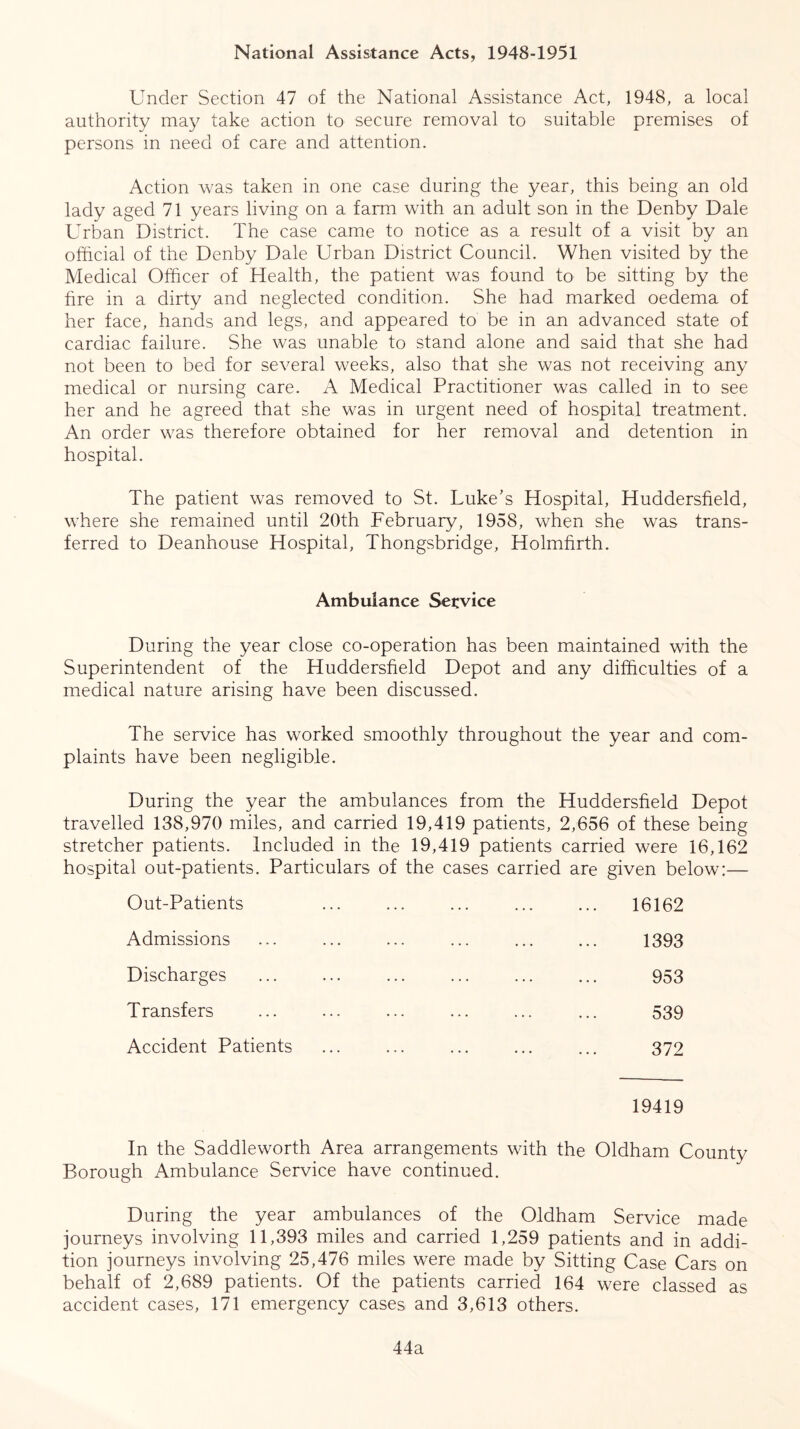 National Assistance Acts, 1948-1951 Under Section 47 of the National Assistance Act, 1948, a local authority may take action to secure removal to suitable premises of persons in need of care and attention. Action was taken in one case during the year, this being an old lady aged 71 years living on a farm with an adult son in the Denby Dale Urban District. The case came to notice as a result of a visit by an official of the Denby Dale Urban District Council. When visited by the Medical Officer of Health, the patient was found to be sitting by the fire in a dirty and neglected condition. She had marked oedema of her face, hands and legs, and appeared to be in an advanced state of cardiac failure. She was unable to stand alone and said that she had not been to bed for several weeks, also that she was not receiving any medical or nursing care. A Medical Practitioner was called in to see her and he agreed that she was in urgent need of hospital treatment. An order was therefore obtained for her removal and detention in hospital. The patient was removed to St. Uuke's Hospital, Huddersfield, where she remained until 20th February, 1958, when she was trans- ferred to Deanhouse Hospital, Thongsbridge, Holmfirth. Ambulance Service During the year close co-operation has been maintained with the Superintendent of the Huddersfield Depot and any difficulties of a medical nature arising have been discussed. The service has worked smoothly throughout the year and com- plaints have been negligible. During the year the ambulances from the Huddersfield Depot travelled 138,970 miles, and carried 19,419 patients, 2,656 of these being stretcher patients. Included in the 19,419 patients carried were 16,162 hospital out-patients. Particulars of the cases carried are given below:— Out-Patients Admissions Discharges Transfers Accident Patients 16162 1393 953 539 372 19419 In the Saddleworth Area arrangements with the Oldham County Borough Ambulance Service have continued. During the year ambulances of the Oldham Service made journeys involving 11,393 miles and carried 1,259 patients and in addi- tion journeys involving 25,476 miles were made by Sitting Case Cars on behalf of 2,689 patients. Of the patients carried 164 were classed as accident cases, 171 emergency cases and 3,613 others. 44a