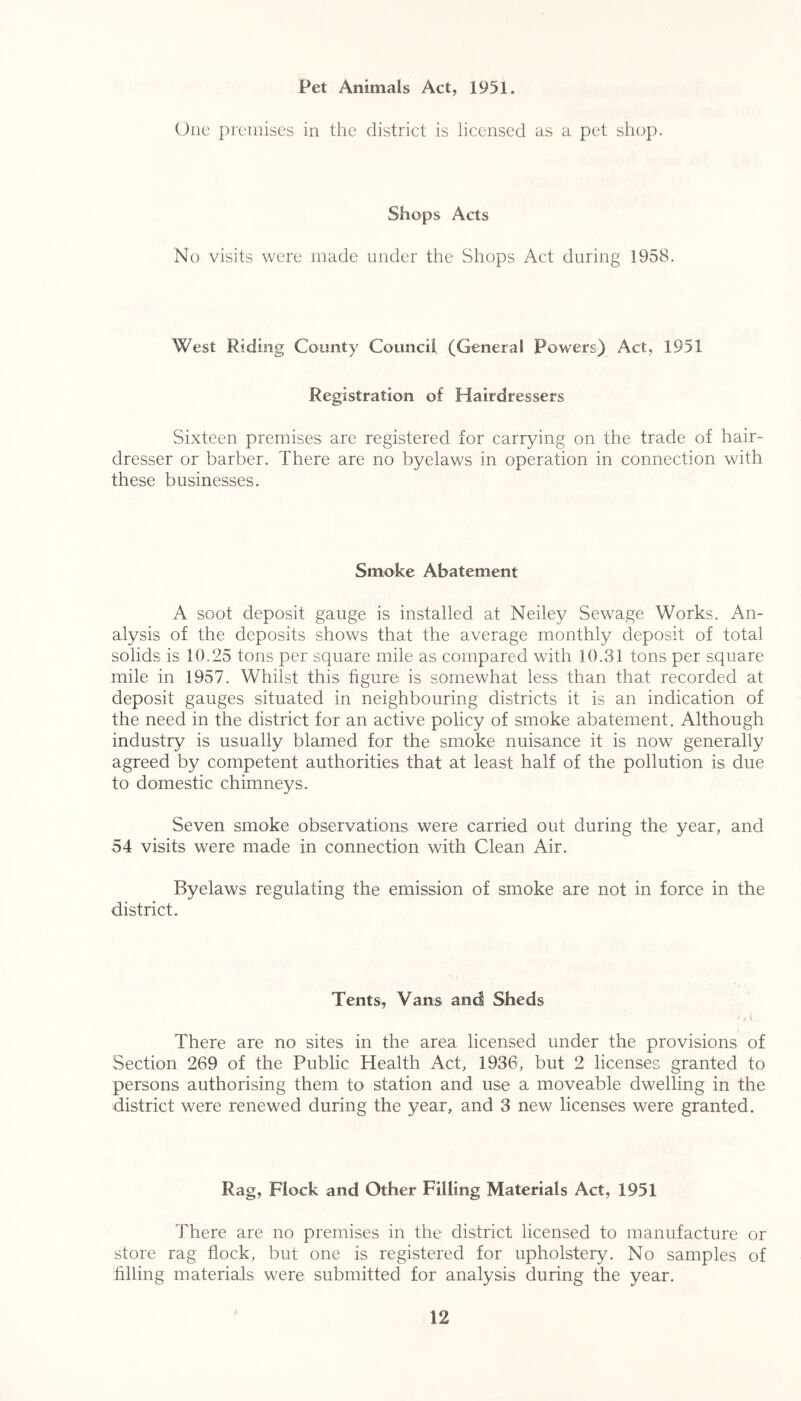 Pet Animals Act, 1951. One premises in the district is licensed as a pet shop. Shops Acts No visits were made under the Shops Act during 1958. West Riding County Council (General Powers) Act, 1951 Registration of Hairdressers Sixteen premises are registered for carrying on the trade of hair- dresser or barber. There are no byelaws in operation in connection with these businesses. Smoke Abatement A soot deposit gauge is installed at Neiley Sewage Works. An- alysis of the deposits shows that the average monthly deposit of total solids is 10.25 tons per square mile as compared with 10.31 tons per square mile in 1957. Whilst this figure is somewhat less than that recorded at deposit gauges situated in neighbouring districts it is an indication of the need in the district for an active policy of smoke abatement. Although industry is usually blamed for the smoke nuisance it is now generally agreed by competent authorities that at least half of the pollution is due to domestic chimneys. Seven smoke observations were carried out during the year, and 54 visits were made in connection with Clean Air. Byelaws regulating the emission of smoke are not in force in the district. Tents, Vans and Sheds There are no sites in the area licensed under the provisions of Section 269 of the Public Health Act, 1936, but 2 licenses granted to persons authorising them to station and use a moveable dwelling in the district were renewed during the year, and 3 new licenses were granted. Rag, Flock and Other Filling Materials Act, 1951 There are no premises in the: district licensed to manufacture or store rag flock, but one is registered for upholstery. No samples of filling materials were submitted for analysis during the year.