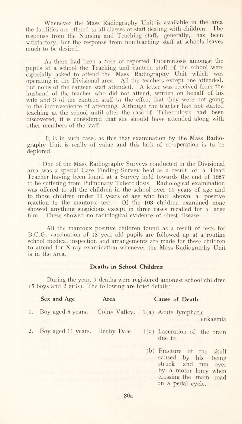 the facilities are offered to all classes of staff dealing with children. Ihe response from the Nursing and Teaching staffs generally, has been satisfactory, but the response from non-teaching staff at schools leaves much to be desired. As there had been a case of reported Tuberculosis amongst the pupils at a school the Teaching and canteen staff of the school were especially asked to attend the Mass Radiography Unit which was operating in the Divisional area. All the teachers except one attended, but none* of the canteen staff attended. A letter was received from the husband of the teacher who did not attend, written on behalf of his wife and 3 of the canteen staff to the effect that they were not going to the inconvenience of attending. Although the teacher had not started teaching at the school until after the case of Tuberculosis had been discovered, it is considered that she should have attended along with other members of the staff. It is in such cases as this that examination by the Mass Radio- graphy Unit is really of value and this lack of co-operation is to be deplored. One of the Mass Radiography Surveys conducted in the Divisional area was a special Case Finding Survey held as a result of a Head Teacher having been found at a Survey held towards the end of 1957 to be suffering from Pulmonary Tuberculosis. Radiological examination was offered to all the children in the school over 11 years of age and to those children under 11 years of age who had shown a positive reaction to the mantoux test. Of the 103 children examined none showed anything suspicious except in three cases recalled for a large film. These showed no radiological evidence of chest disease. All the mantoux positive children found as a result of tests for B.C.G. vaccination of 13 year old pupils are followed up at a routine school medical inspection and arrangements are made for these children to attend for X-ray examination whenever the Mass Radiography Unit is in the area. Deaths in School Children During the year, 7 deaths were registered amongst school children (5 boys and 2 girls). The following are brief details:— Sex and Age Area Cause of Death Boy aged 5 years. Colne Valley. 1(a) Acute lymphatic leukaemia Boy aged 11 years. Denby Dale. 1(a) Laceration of the brain due to (b) Fracture of the skull caused by his being struck and run over by a motor lorry when crossing the main road on a pedal cycle. 30a