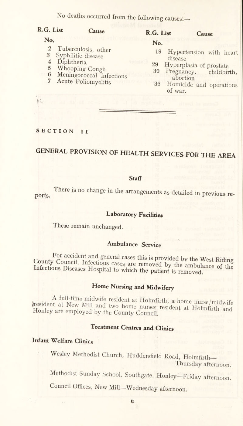 No deaths occurred from the following causes:— R*G. List Cause No. 2 Tuberculosis, other 3 Syphilitic disease 4 Diphtheria 5 Whooping Cough 6 Meningococcal infections 7 Acute Poliomyelitis R.G. List Cause No. 19 Hypertension with heart disease 29 Hyperplasia of prostate 30 Pregnancy, childbirth, abortion 36 Homicide and operations of war. SECTION II GENERAL PROVISION OF HEALTH SERVICES FOR THE AREA Staff ports. There is no change in the arrangements as detailed in previous re Laboratory Facilities These remain unchanged. Ambulance Service r , acc\dent and general cases this is provided bv the West Ridinp County Council. Infectious cases are removed bv the ambulance Infectious Diseases Hospital to which the patient is removed ^ Home Nursing and Midwifery Iresidenf f? f sid?nt at Holmfirth, a home nurse/midwife I dent at New Mill and two home nurses resident at Holmfirth and Honley are employed by the County Council. d Treatment Centres and Clinics Infant Welfare Clinics ' Wesley Methodist Church, Huddersfield Road, Holmfirth— Thursday afternoon. Methodist Sunday School, Southgate, Honley—Friday afternoon. Council Offices, New Mill—Wednesday afternoon. t