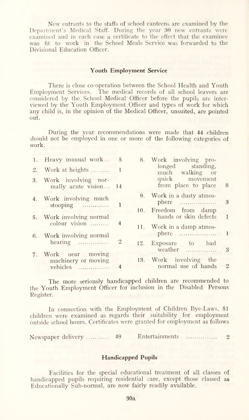New entrants to the staffs of school canteens are examined by the Department’s Medical Staff. During the year 30 new entrants were examined and in each case a certificate to the effect that the examinee was fit to work in the School Meals Service was forwarded to the Divisional Education Officer. Youth Employment Service There is close co-operation between the School Health and Youth Employment Services. The medical records of all school leavers are considered by the School Medical Officer before the pupils are inter- viewed by the Youth Employment Officer and types of work for which any child is, in the opinion of the Medical Officer, unsuited, are pointed out. During the year recommendations were made that 44 children should not be employed in one or more of the following categories of work. 1. Heavy manual work... 5 2. Work at heights 1 1. Heavy manual work... 5 2. Work at heights 1 3. Work involving nor- mally acute vision.... 14 4. Work involving much stooping 1 5. Work involving normal colour vision 4 6. Work involving normal hearing 2 7. Work near moving machinery or moving vehicles 4 8. Work involving pro- longed standing, much walking or quick movement from place 'to place 8 9. Work in a dusty atmos- phere 3 10. Freedom from damp hands or skin defects 1 11. Work in a damp atmos- phere 1 12. Exposure to bad weather 3 13. Work involving the normal use of hands 2 The more seriously handicapped children are recommended to the Youth Employment Officer for inclusion in the Disabled Persons Register. In connection with the Employment of Children Bye-Laws, 51 children were examined as regards their suitability for employment outside school hours. Certificates were granted for employment as follows Newspaper delivery 49 Entertainments 2 Handicapped Pupils Facilities for the special educational treatment of all classes of handicapped pupils requiring residential care, except those classed as Educationally Sub-normal, are now fairly readily available. 30a