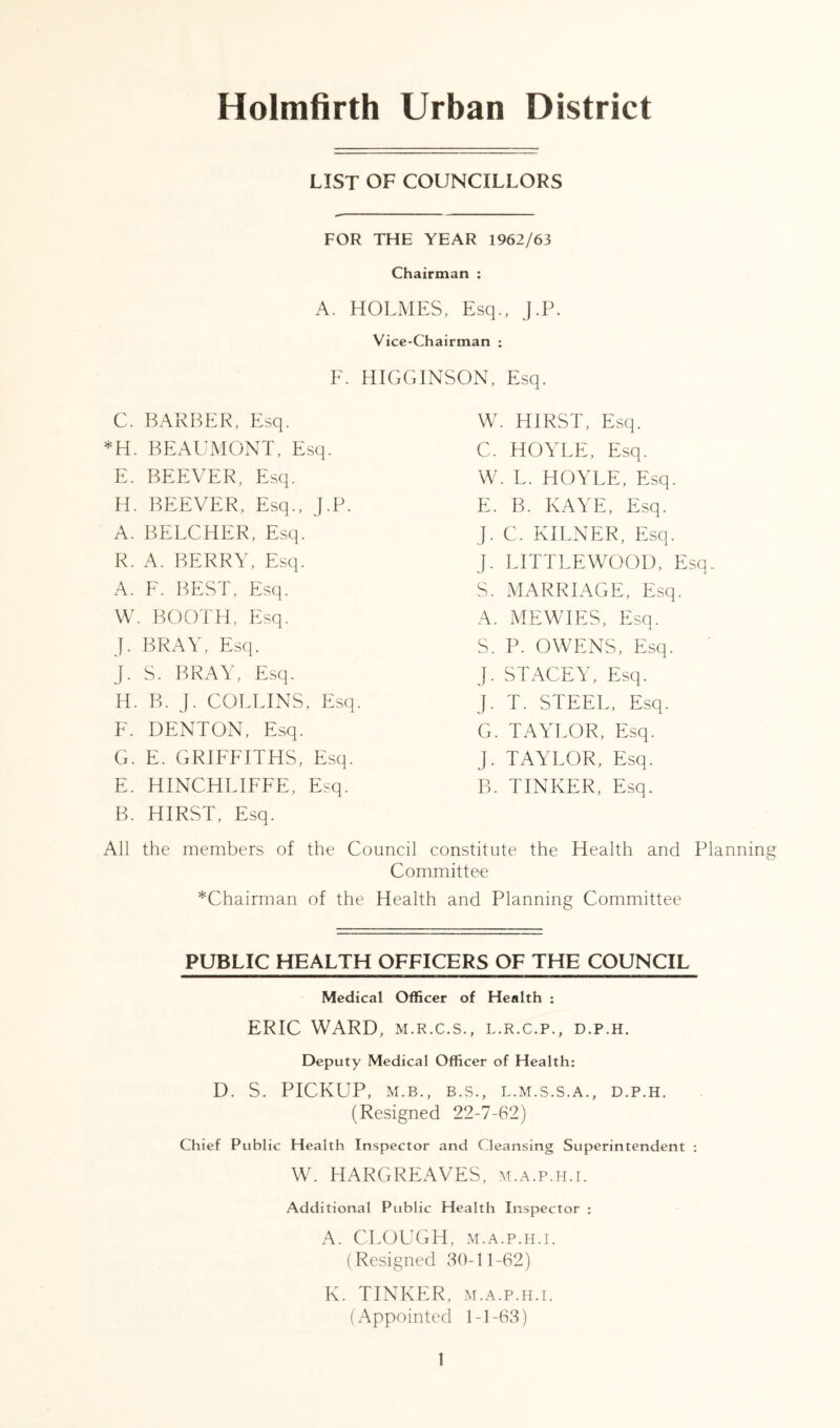 Holmfirth Urban District LIST OF COUNCILLORS FOR THE YEAR 1962/63 Chairman : A. HOLMES, Esq., J.P. Vice-Chairman : F. HIGGINSON, Esq. C. BARBER, Esq. *H. BEAUMONT, Esq. E. BEEVER, Esq. H. BEEVER, Esq., J.P. A. BELCHER, Esq. R. A. BERRY, Esq. A. F. BEST, Esq. W. BOOTH, Esq. J. BRAY, Esq. J. S. BRAY, Esq. H. B. J. COLLINS, Esq. F. DENTON, Esq. G. E. GRIFFITHS, Esq. E. HINCHLIFFE, Esq. B. HIRST, Esq. W. HIRST, Esq. C. HOYLE, Esq. W. L. HOYLE, Esq. E. B. KAYE, Esq. J. C. KILNER, Esq. J. LITTLEWOOD, Esq_ S. MARRIAGE, Esq. A. MEWIES, Esq. S. P. OWENS, Esq. J. STACEY, Esq. J. T. STEEL, Esq. G. TAYLOR, Esq. J. TAYLOR, Esq. B. TINKER, Esq. All the members of the Council constitute the Health and Planning Committee *Chairman of the Health and Planning Committee PUBLIC HEALTH OFFICERS OF THE COUNCIL Medical Officer of Health : ERIC WARD, m.r.c.s., l.r.c.p., d.p.h. Deputy Medical Officer of Health: D. S. PICKUP, M.B., B.S., L.M.S.S.A., D.P.H. (Resigned 22-7-62) Chief Public Health Inspector and Cleansing Superintendent : W. HARGREAVES, m.a.p.h.i. Additional Public Health Inspector : A. CLOUGH, M.A.P.H.I. (Resigned 30-11-62) K. TINKER, m.a.p.h.i. (Appointed 1-1-63)