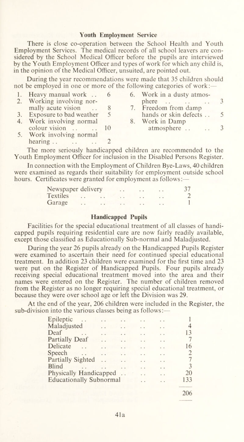 Youth Employment Service There is close co-operation between the School Health and Youth Employment Services. The medical records of all school leavers are con- sidered by the School Medical Officer before the pupils are interviewed by the Youth Employment Officer and types of work for which any child is, in the opinion of the Medical Officer, unsuited, are pointed out. During the year recommendations were made that 35 children should not be employed in one or more of the following categories of work: 1. Heavy manual work .. 6 2. Working involving nor- mally acute vision .. 8 3. Exposure to bad weather 5 4. Work involving normal colour vision .. . . 10 5. Work involving normal hearing . . . . . . 2 6. Work in a dusty atmos- phere 7. Freedom from damp hands or skin defects . . 8. Work in Damp atmosphere The more seriously handicapped children are recommended to the Youth Employment Officer for inclusion in the Disabled Persons Register. In connection with the Employment of Children Bye-Laws, 40 children were examined as regards their suitability for employment outside school hours. Certificates were granted for employment as follows:— Newspaper delivery .. .. .. 37 Textiles .. .. .. .. .. 2 Garage .. .. .. .. .. 1 Handicapped Pupils Facilities for the special educational treatment of all classes of handi- capped pupils requiring residential care are now fairly readily available, except those classified as Educationally Sub-normal and Maladjusted. During the year 26 pupils already on the Handicapped Pupils Register were examined to ascertain their need for continued special educational treatment. In addition 23 children were examined for the first time and 23 were put on the Register of Handicapped Pupils. Four pupils already receiving special educational treatment moved into the area and their names were entered on the Register. The number of children removed from the Register as no longer requiring special educational treatment, or because they were over school age or left the Division was 29. At the end of the year, 206 children were included in the Register, the sub-division into the various classes being as follows:— Epileptic .. .. .. . . .. 1 Maladjusted .. .. .. .. 4 Deaf .. .. .. .. .. 13 Partially Deaf .. .. .. .. 7 Delicate .. .. .. .. .. 16 Speech .. .. .. .. .. 2 Partially Sighted .. .. .. . . 7 Blind .. .. .. . . .. 3 Physically Handicapped .. . . . . 20 Educationally Subnormal . . .. 133 206 41a