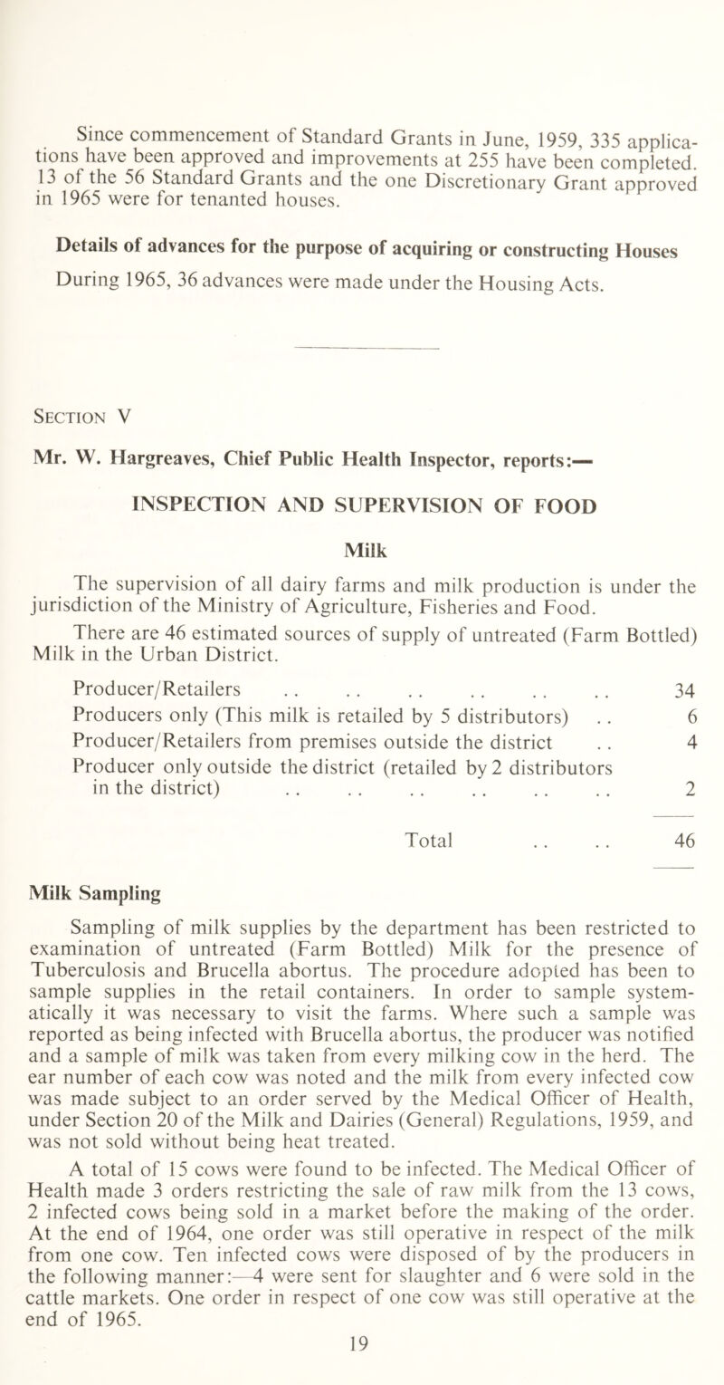 Since commencement of Standard Grants in June, 1959, 335 applica- tions have been approved and improvements at 255 have been completed. 13 of the 56 Standard Grants and the one Discretionary Grant approved in 1965 were for tenanted houses. Details of advances for the purpose of acquiring or constructing Houses During 1965, 36 advances were made under the Housing Acts. Section V Mr. W. Hargreaves, Chief Public Health Inspector, reports:— INSPECTION AND SUPERVISION OF FOOD Milk The supervision ol all dairy farms and milk production is under the jurisdiction of the Ministry of Agriculture, Fisheries and Food. There are 46 estimated sources of supply of untreated (Farm Bottled) Milk in the Urban District. Producer/Retailers .. . . .. . . .. .. 34 Producers only (This milk is retailed by 5 distributors) .. 6 Producer/Retailers from premises outside the district .. 4 Producer only outside the district (retailed by 2 distributors in the district) . . . . . . .. .. .. 2 Total . . . . 46 Milk Sampling Sampling of milk supplies by the department has been restricted to examination of untreated (Farm Bottled) Milk for the presence of Tuberculosis and Brucella abortus. The procedure adopted has been to sample supplies in the retail containers. In order to sample system- atically it was necessary to visit the farms. Where such a sample was reported as being infected with Brucella abortus, the producer was notified and a sample of milk was taken from every milking cow in the herd. The ear number of each cow was noted and the milk from every infected cow was made subject to an order served by the Medical Officer of Health, under Section 20 of the Milk and Dairies (General) Regulations, 1959, and was not sold without being heat treated. A total of 15 cows were found to be infected. The Medical Officer of Health made 3 orders restricting the sale of raw milk from the 13 cows, 2 infected cows being sold in a market before the making of the order. At the end of 1964, one order was still operative in respect of the milk from one cow. Ten infected cows were disposed of by the producers in the following manner:—4 were sent for slaughter and 6 were sold in the cattle markets. One order in respect of one cow was still operative at the end of 1965.