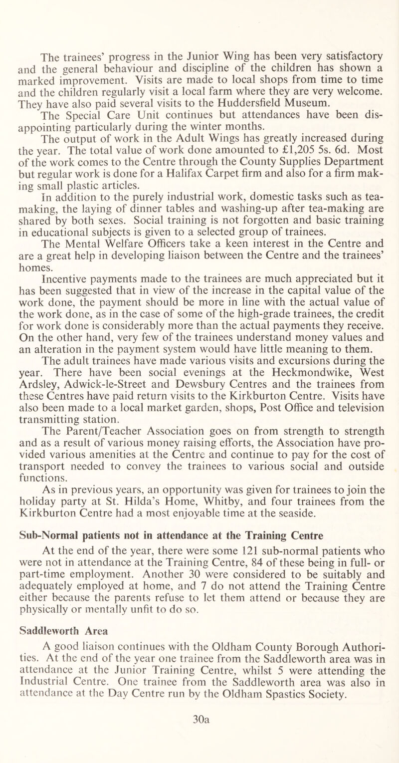 The trainees’ progress in the Junior Wing has been very satisfactory and the general behaviour and discipline of the children has shown a marked improvement. Visits are made to local shops from time to time and the children regularly visit a local farm where they are very welcome. They have also paid several visits to the Huddersfield Museum. The Special Care Unit continues but attendances have been dis- appointing particularly during the winter months. The output of work in the Adult Wings has greatly increased during the year. The total value of work done amounted to £1,205 5s. 6d. Most of the work comes to the Centre through the County Supplies Department but regular work is done for a Halifax Carpet firm and also for a firm mak- ing small plastic articles. In addition to the purely industrial work, domestic tasks such as tea- making, the laying of dinner tables and washing-up after tea-making are shared by both sexes. Social training is not forgotten and basic training in educational subjects is given to a selected group of trainees. The Mental Welfare Officers take a keen interest in the Centre and are a great help in developing liaison between the Centre and the trainees’ homes. Incentive payments made to the trainees are much appreciated but it has been suggested that in view of the increase in the capital value of the work done, the payment should be more in line with the actual value of the work done, as in the case of some of the high-grade trainees, the credit for work done is considerably more than the actual payments they receive. On the other hand, very few of the trainees understand money values and an alteration in the payment system would have little meaning to them. The adult trainees have made various visits and excursions during the year. There have been social evenings at the Heckmondwike, West Ardsley, Adwick-le-Street and Dewsbury Centres and the trainees from these Centres have paid return visits to the Kirkburton Centre. Visits have also been made to a local market garden, shops, Post Office and television transmitting station. The Parent/Teacher Association goes on from strength to strength and as a result of various money raising efforts, the Association have pro- vided various amenities at the Centre and continue to pay for the cost of transport needed to convey the trainees to various social and outside functions. As in previous years, an opportunity was given for trainees to join the holiday party at St. Hilda’s Home, Whitby, and four trainees from the Kirkburton Centre had a most enjoyable time at the seaside. Sub-Normal patients not in attendance at the Training Centre At the end of the year, there were some 121 sub-normal patients who were not in attendance at the Training Centre, 84 of these being in full- or part-time employment. Another 30 were considered to be suitably and adequately employed at home, and 7 do not attend the Training Centre either because the parents refuse to let them attend or because they are physically or mentally unfit to do so. Saddleworth Area A good liaison continues with the Oldham County Borough Authori- ties. At the end of the year one trainee from the Saddleworth area was in attendance at the Junior Training Centre, whilst 5 were attending the Industrial Centre. One trainee from the Saddleworth area was also in attendance at the Day Centre run by the Oldham Spastics Society. 30a